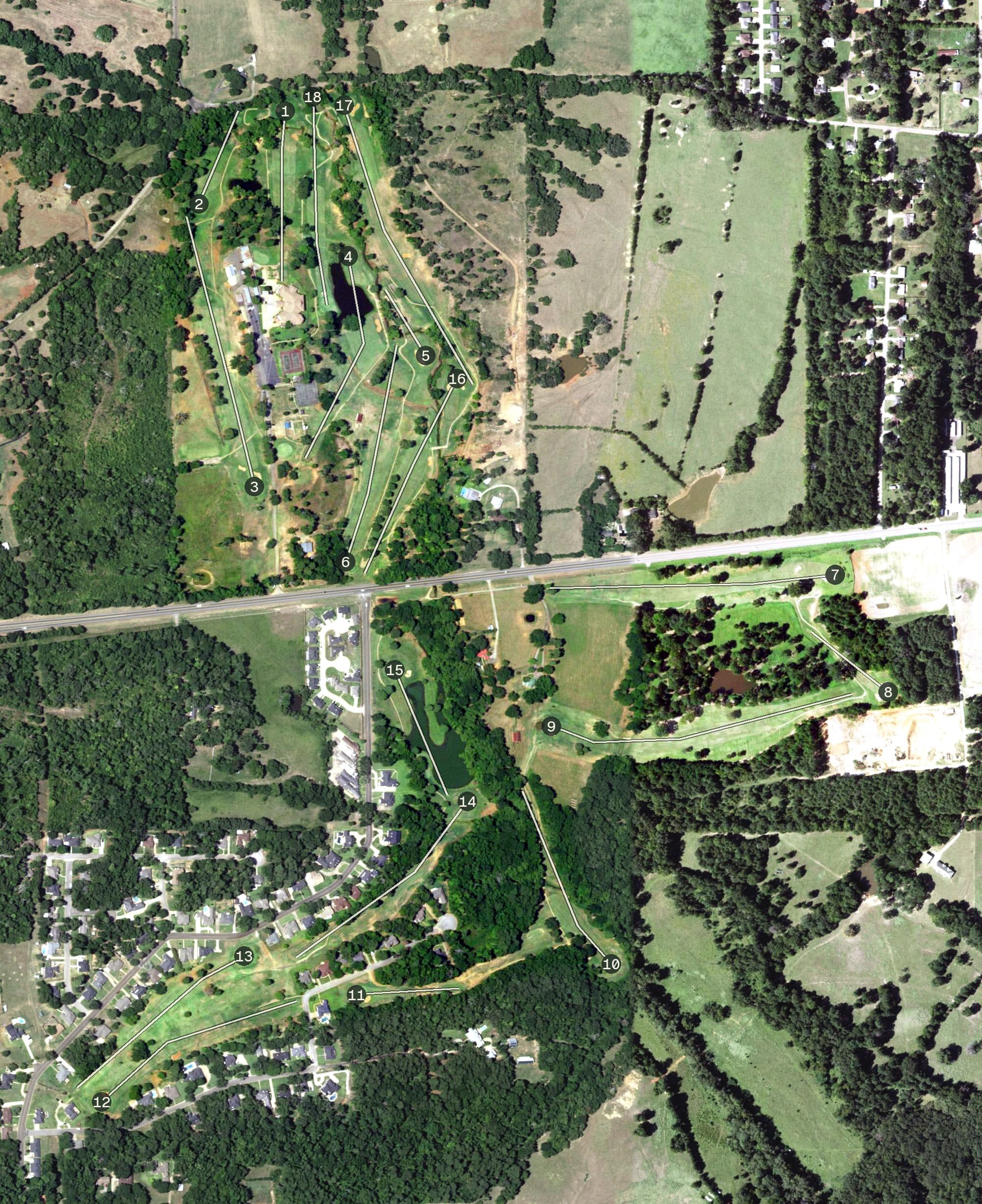 Aerial view of The Challenge at the Woods, TX, with its hole routing marked