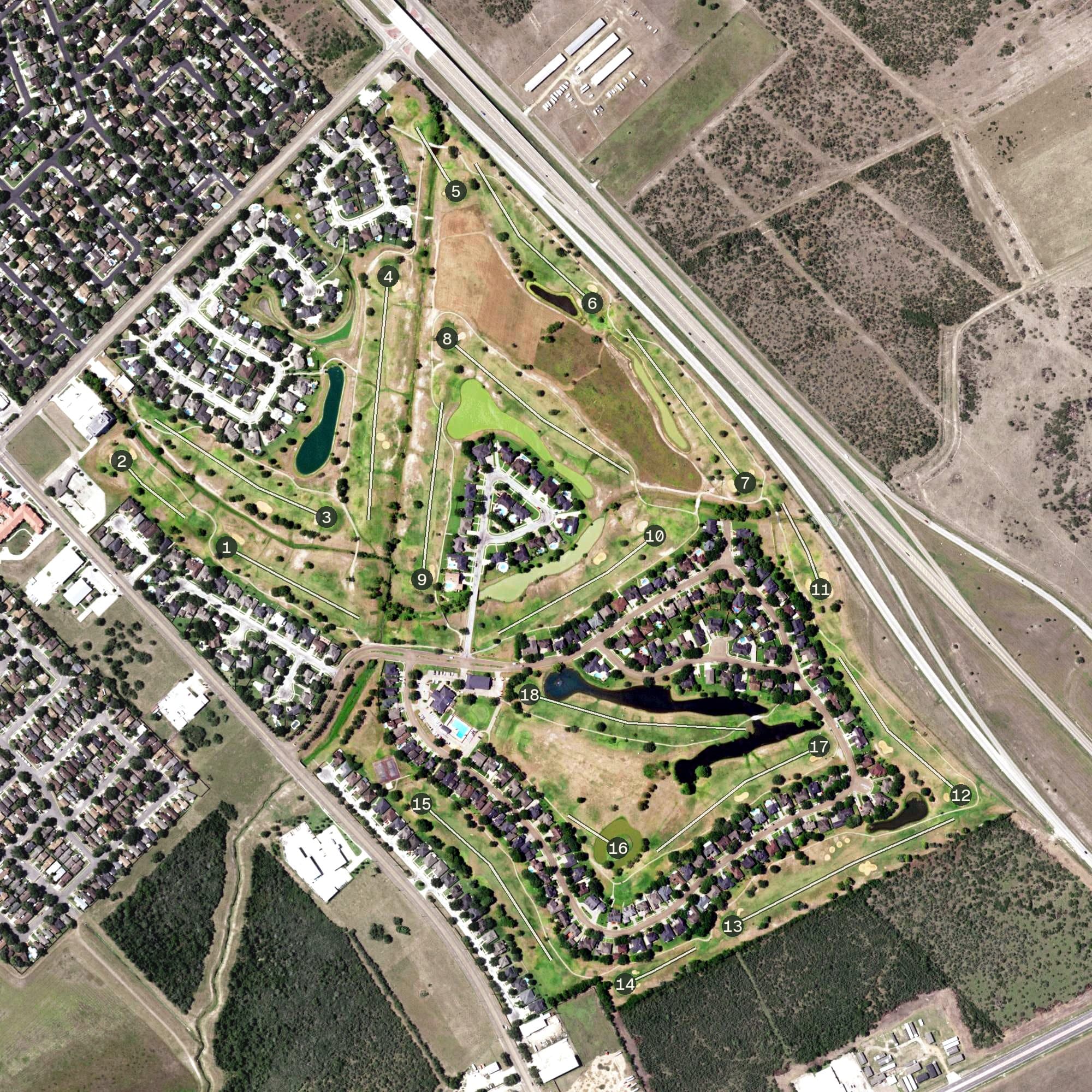 Aerial view of The Club at Colony Creek, TX, with its hole routing marked