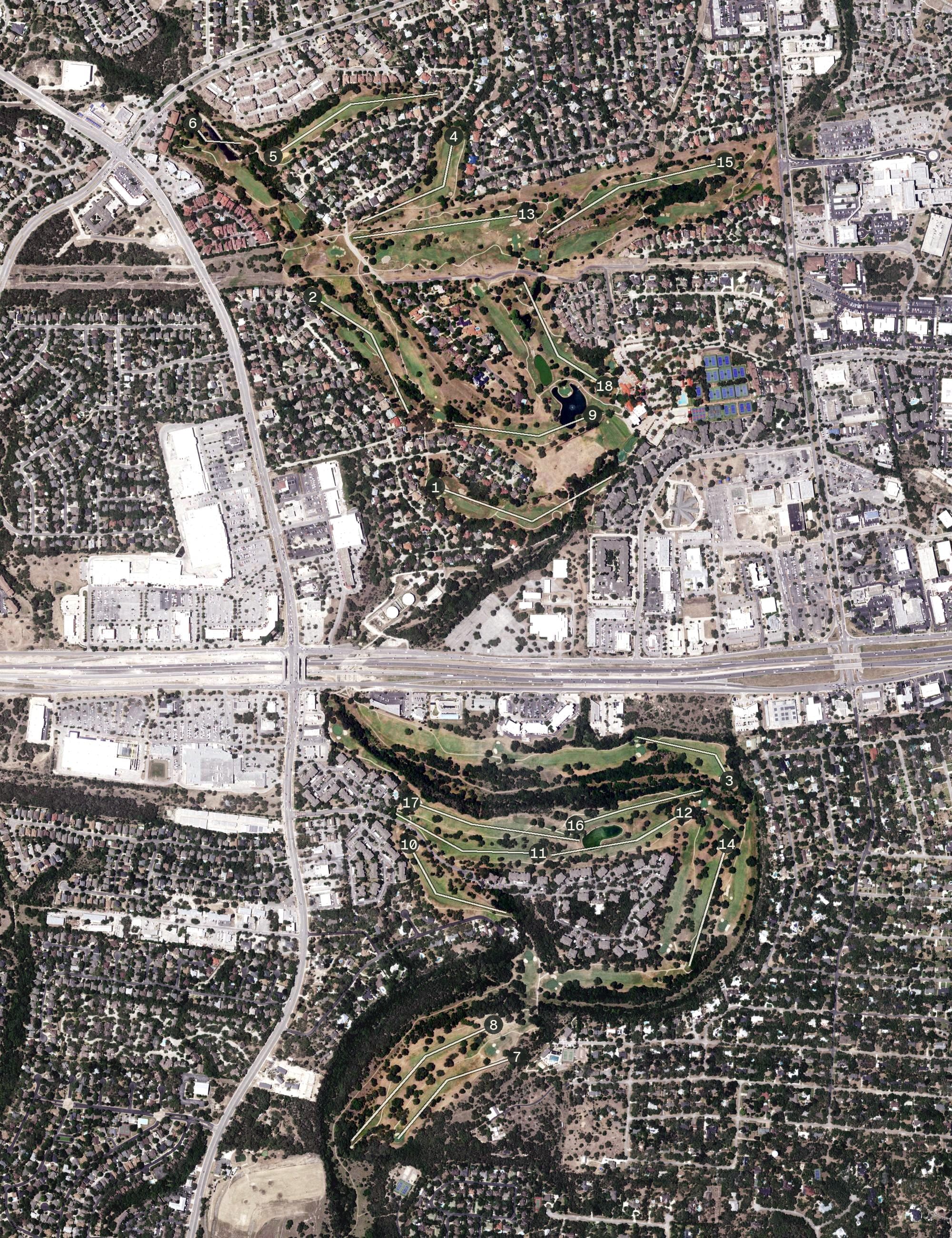 Aerial view of The Club at Sonterra South Course, TX, with its hole routing marked