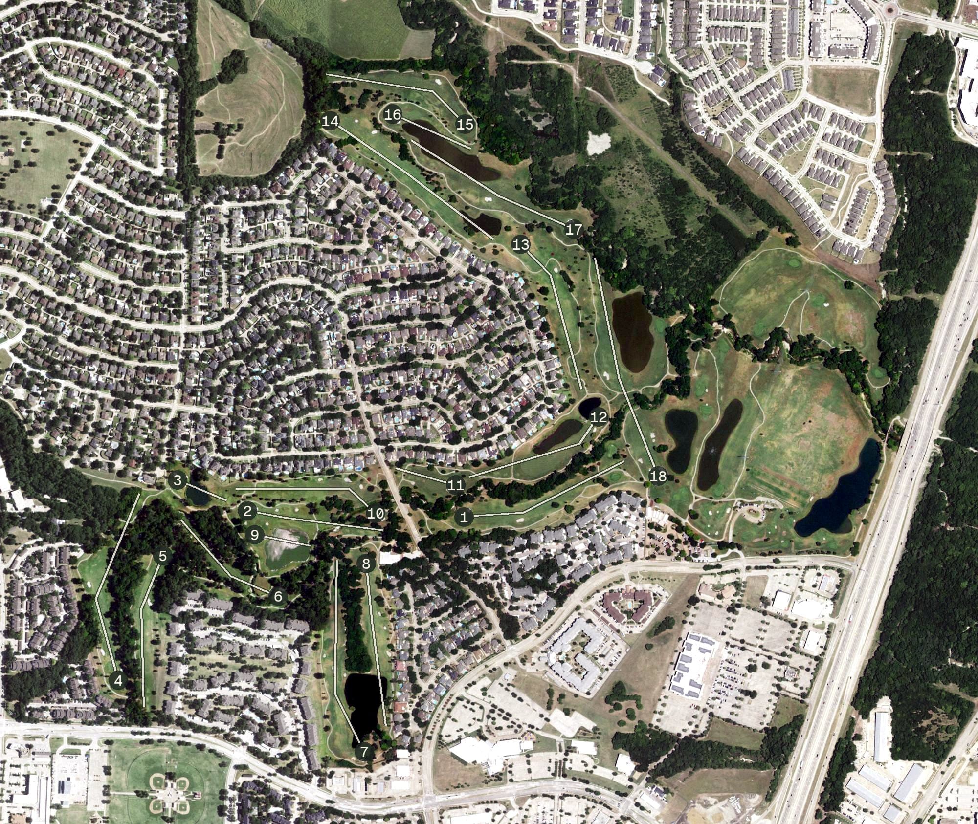 Aerial view of The Courses at Watters Creek, TX, with its hole routing marked