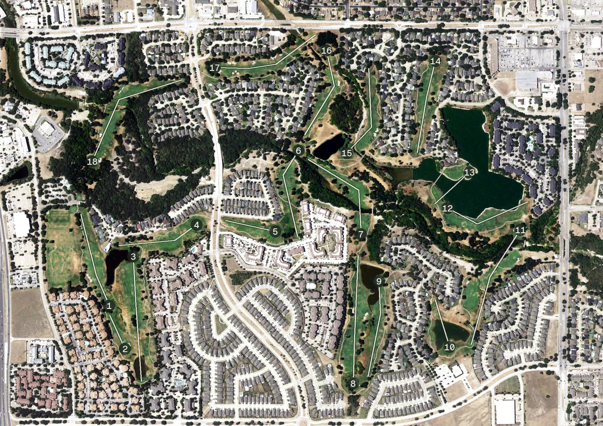 Aerial view of The Golf Club at Fossil Creek, TX, with its hole routing marked
