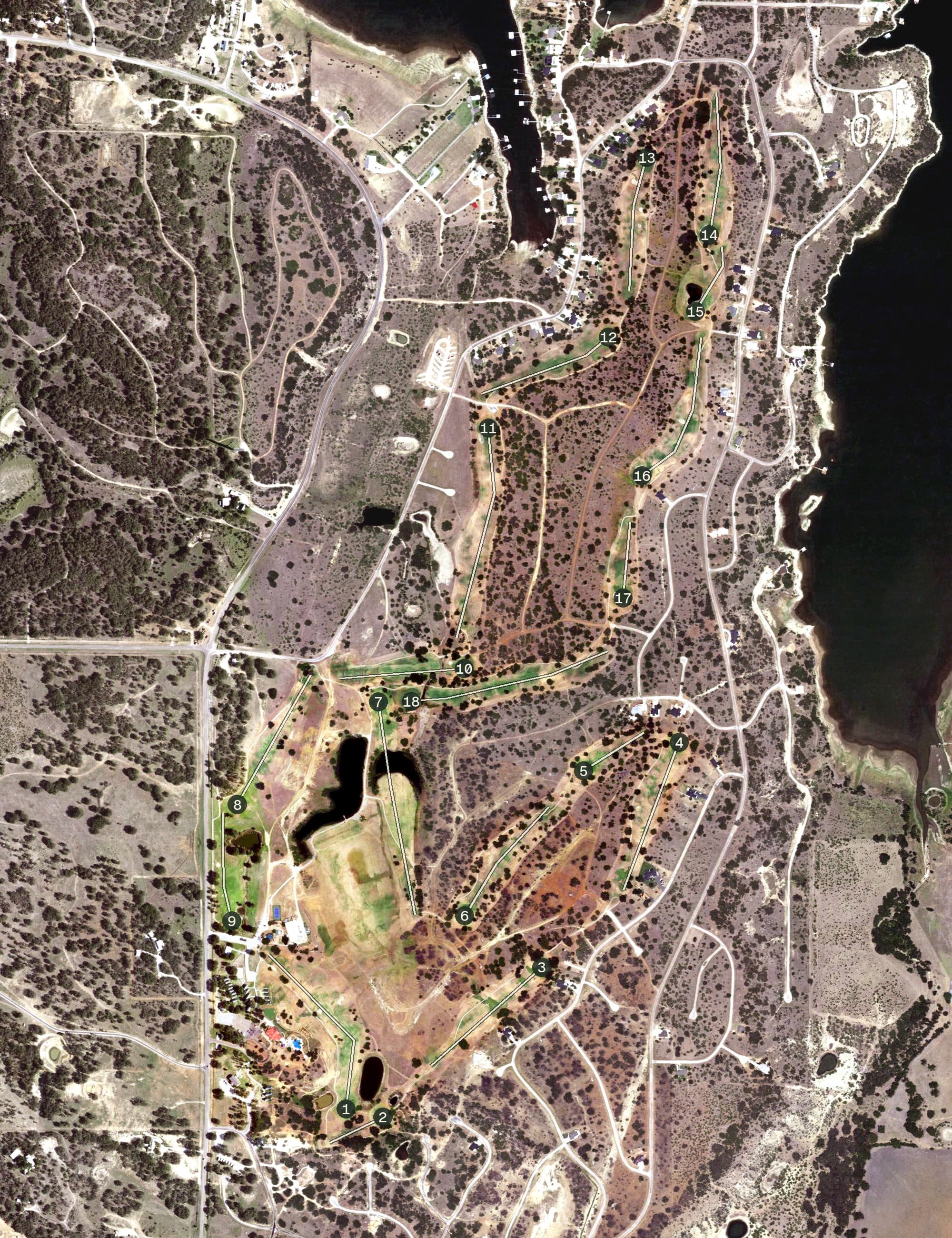 Aerial view of The Hideout, TX, with its hole routing marked