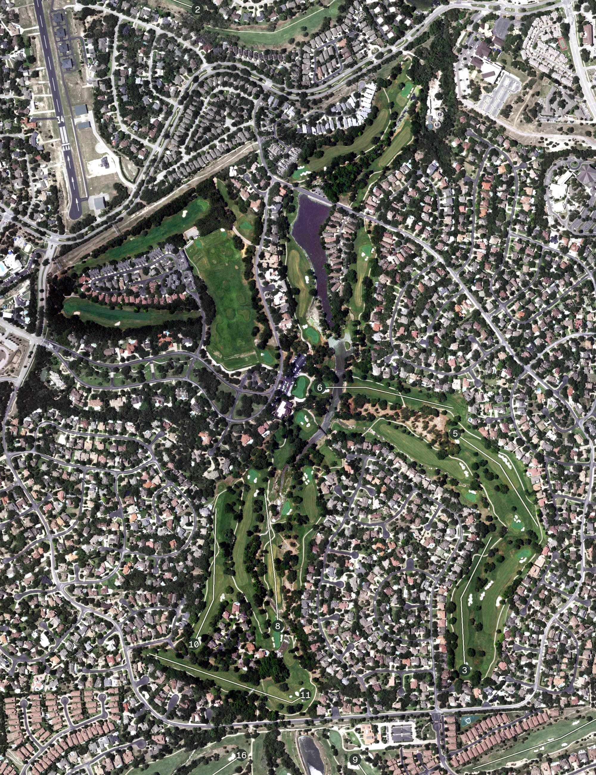 Aerial view of The Hills Country Club, TX, with its hole routing marked