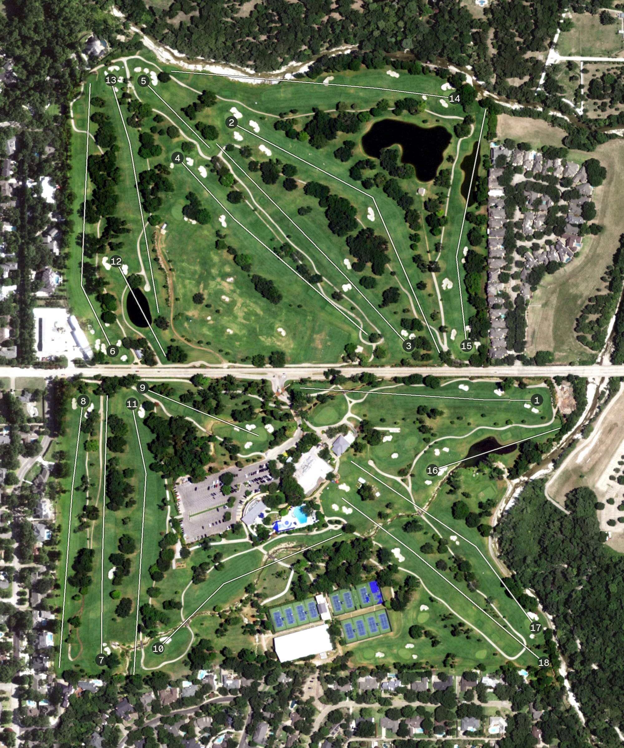 Aerial view of The Northwood Club, TX, with its hole routing marked