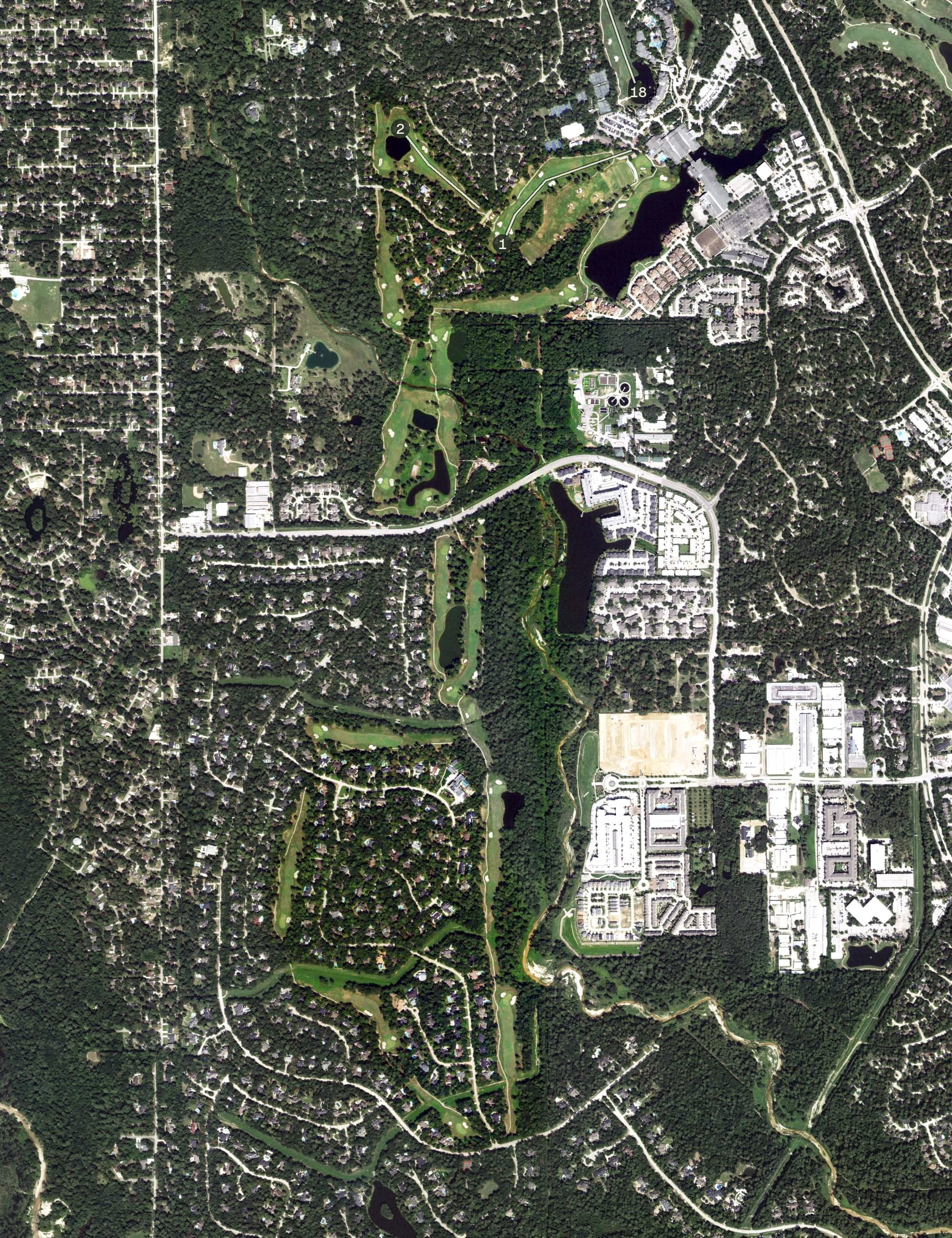 Aerial view of The Oaks, TX, with its hole routing marked