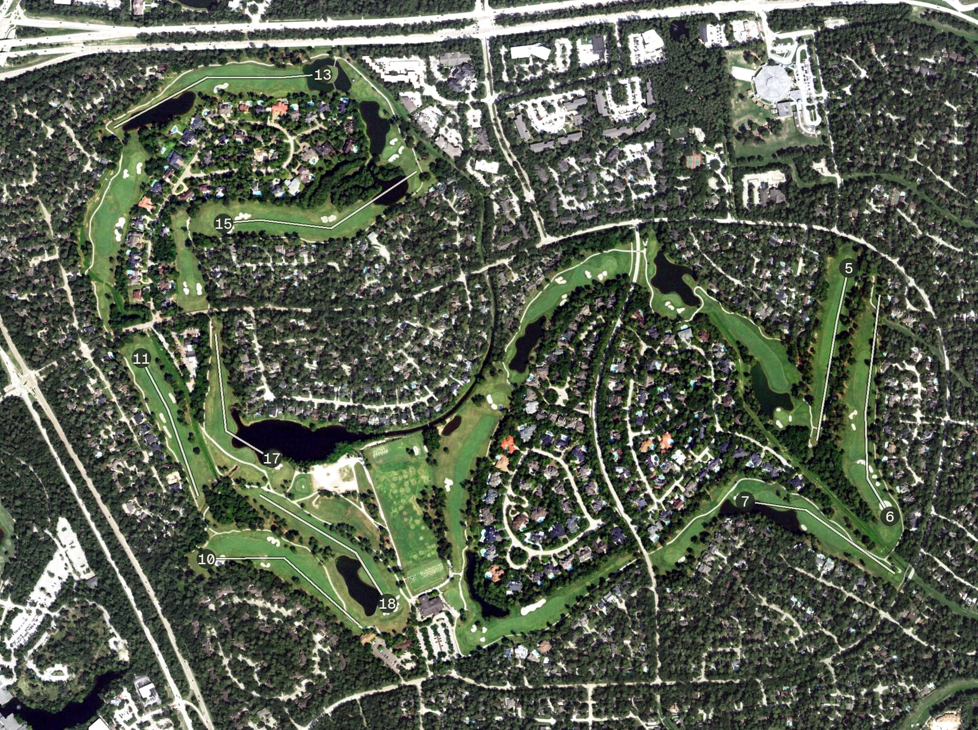 Aerial view of The Tournament Course, TX, with its hole routing marked