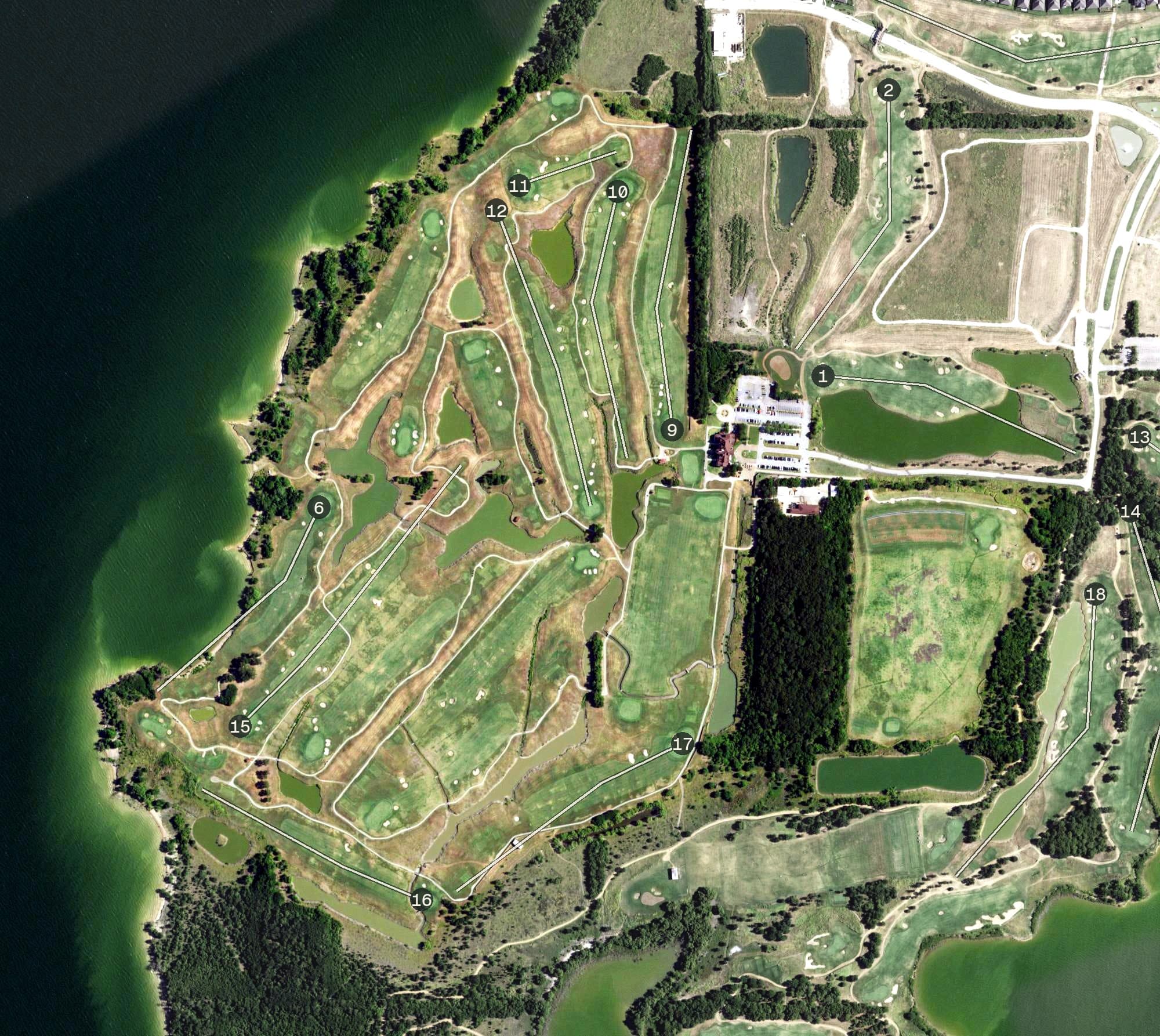Aerial view of The Tribute at The Colony Golf Club, TX, with its hole routing marked