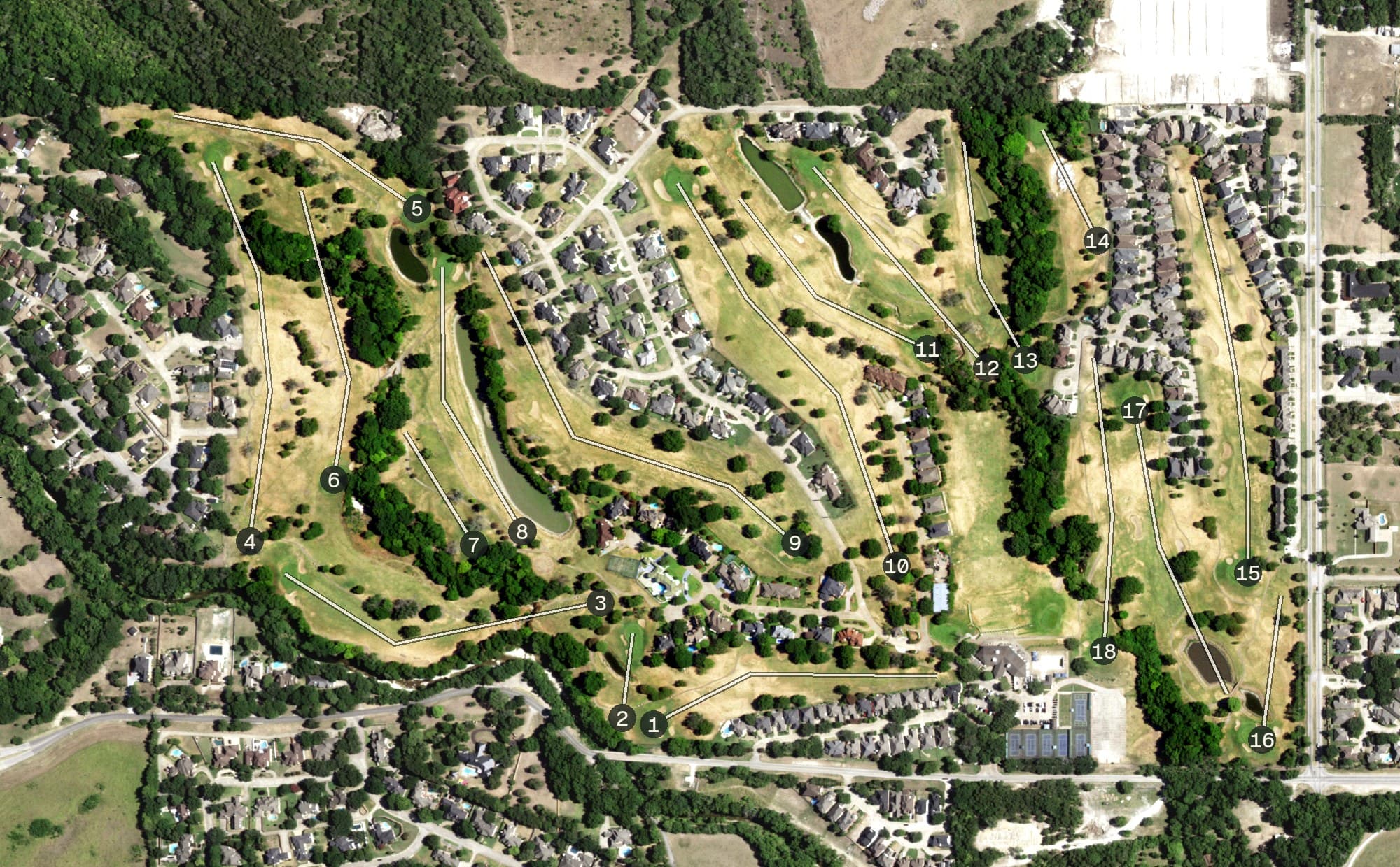 Aerial view of Thorntree Golf Club, TX, with its hole routing marked