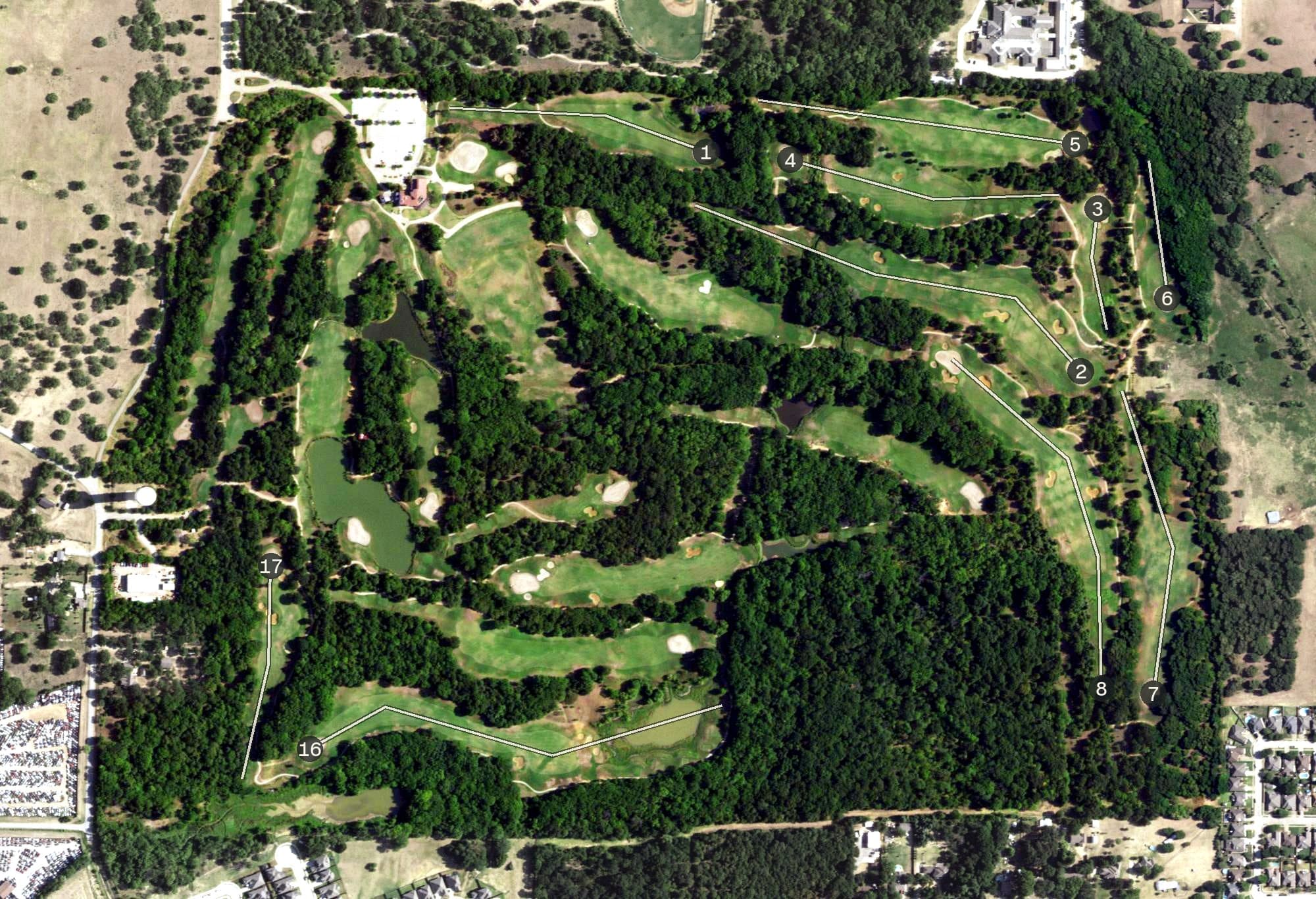 Aerial view of Tierra Verde Golf Club, TX, with its hole routing marked