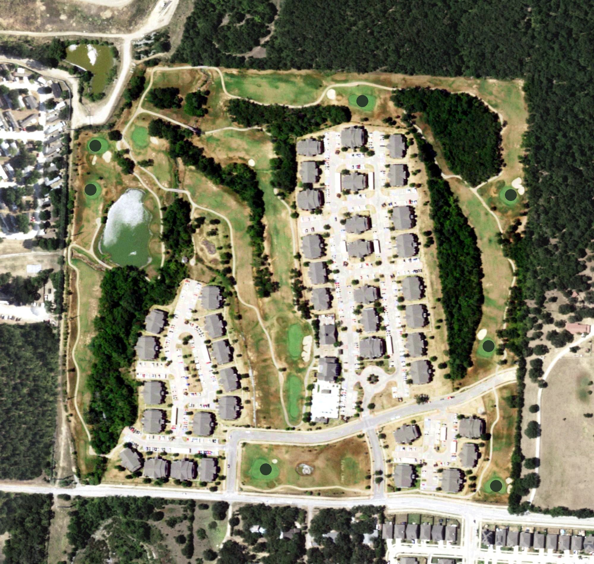 Aerial view of Timberlinks Golf Course, TX, with its hole routing marked
