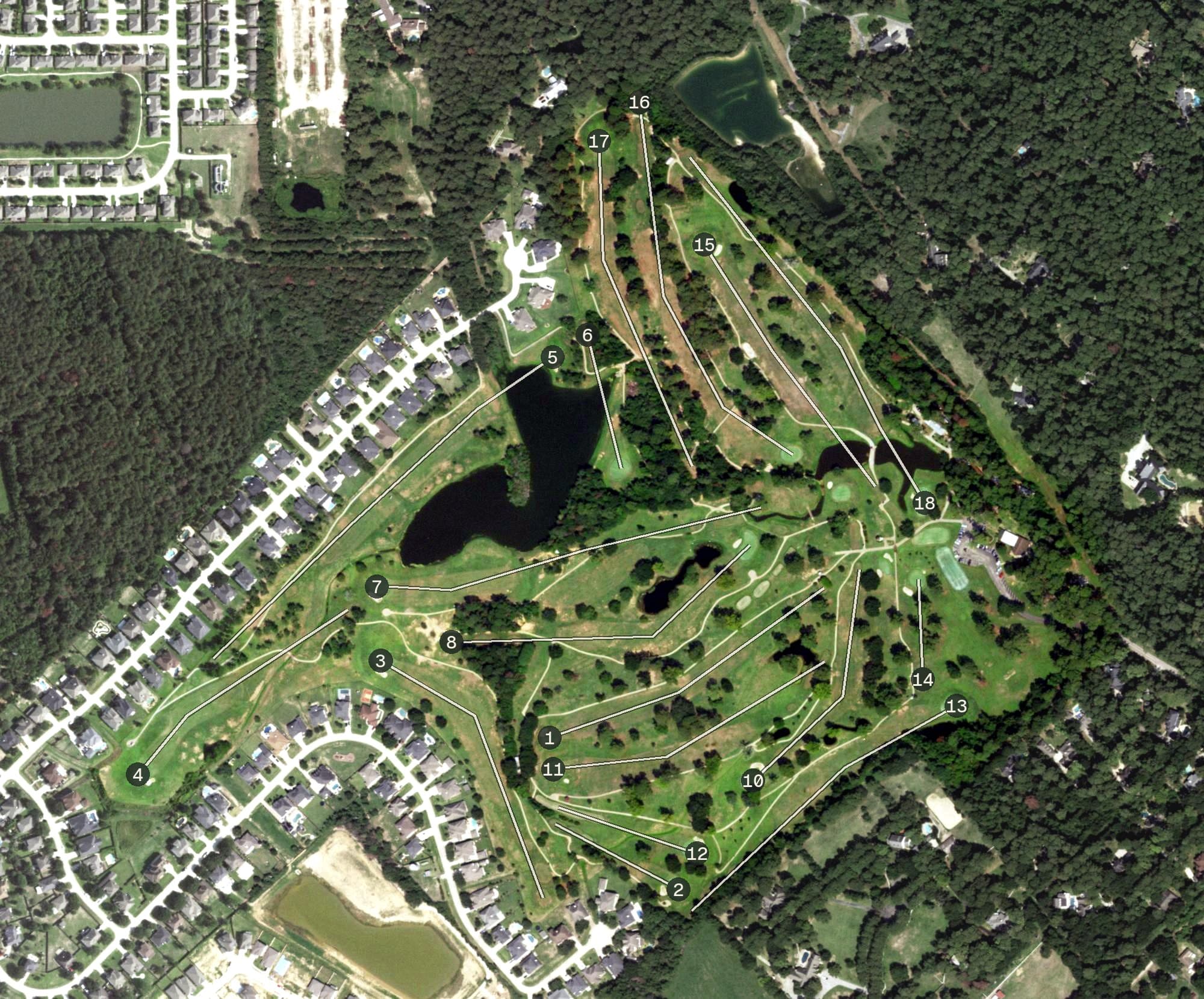 Aerial view of Tomball Country Club, TX, with its hole routing marked