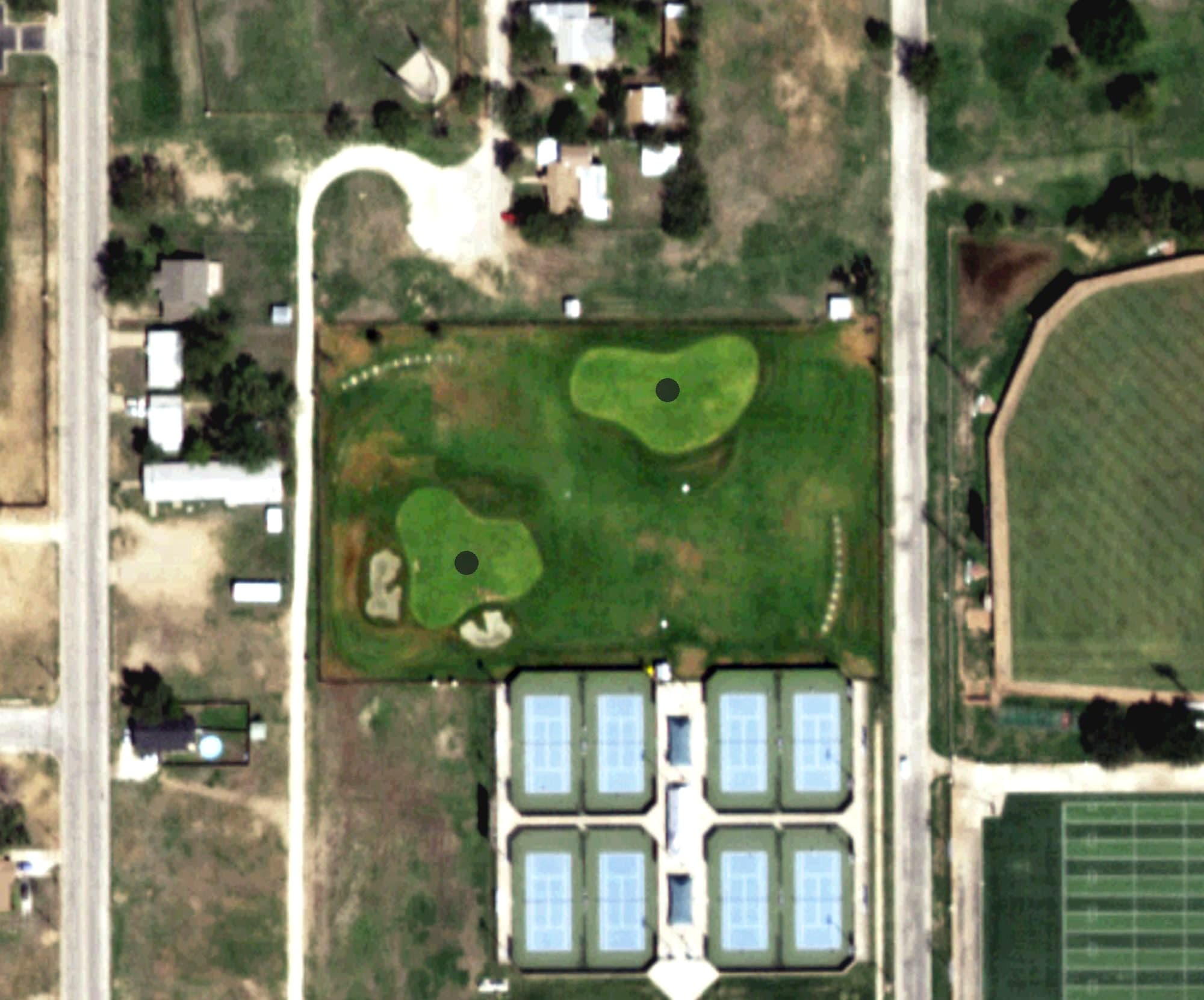 Aerial view of Tommy Hale Short Game Center, TX, with its hole routing marked
