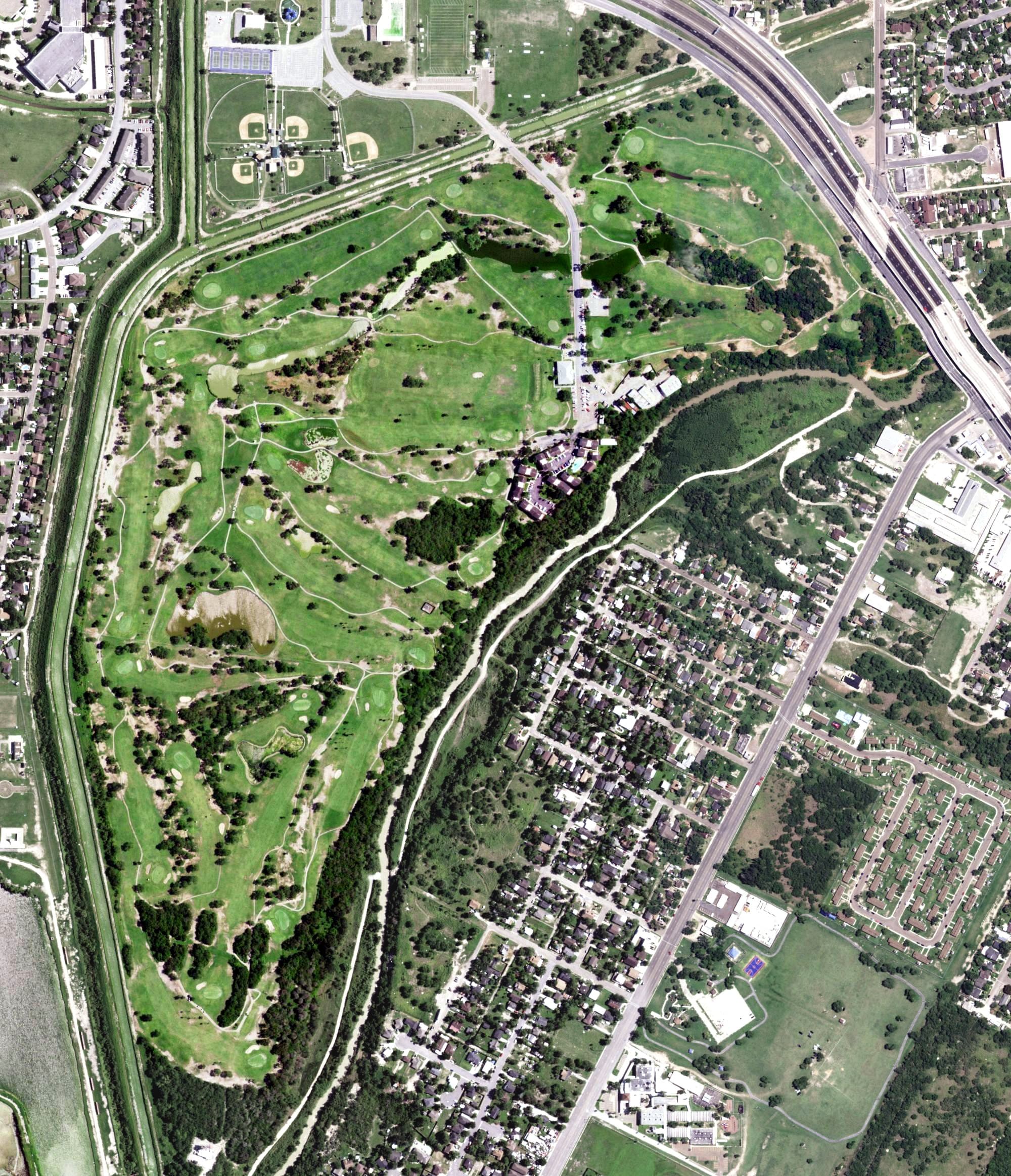Aerial view of Tony Butler Golf Course, TX, with its hole routing marked