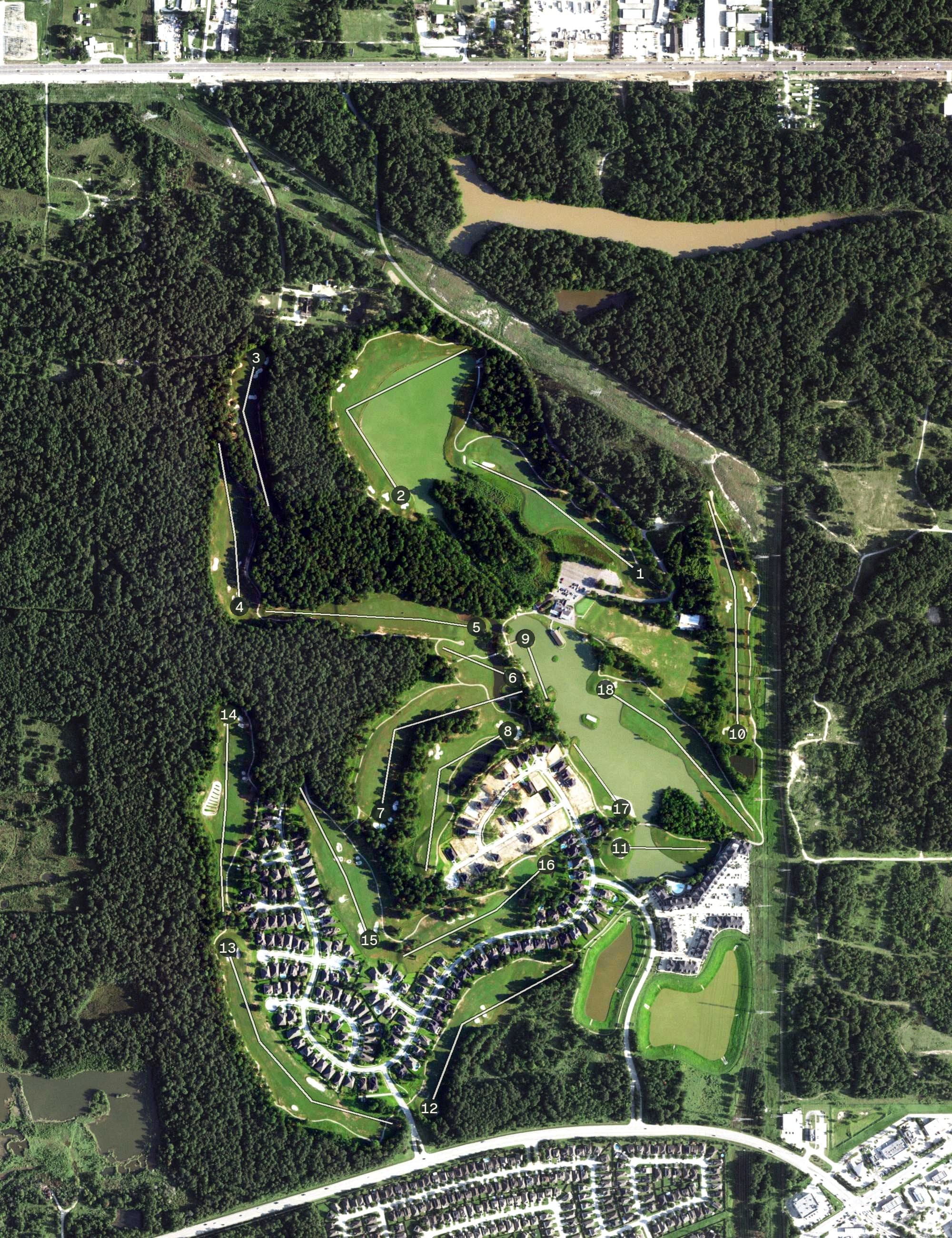 Aerial view of Tour 18, TX, with its hole routing marked