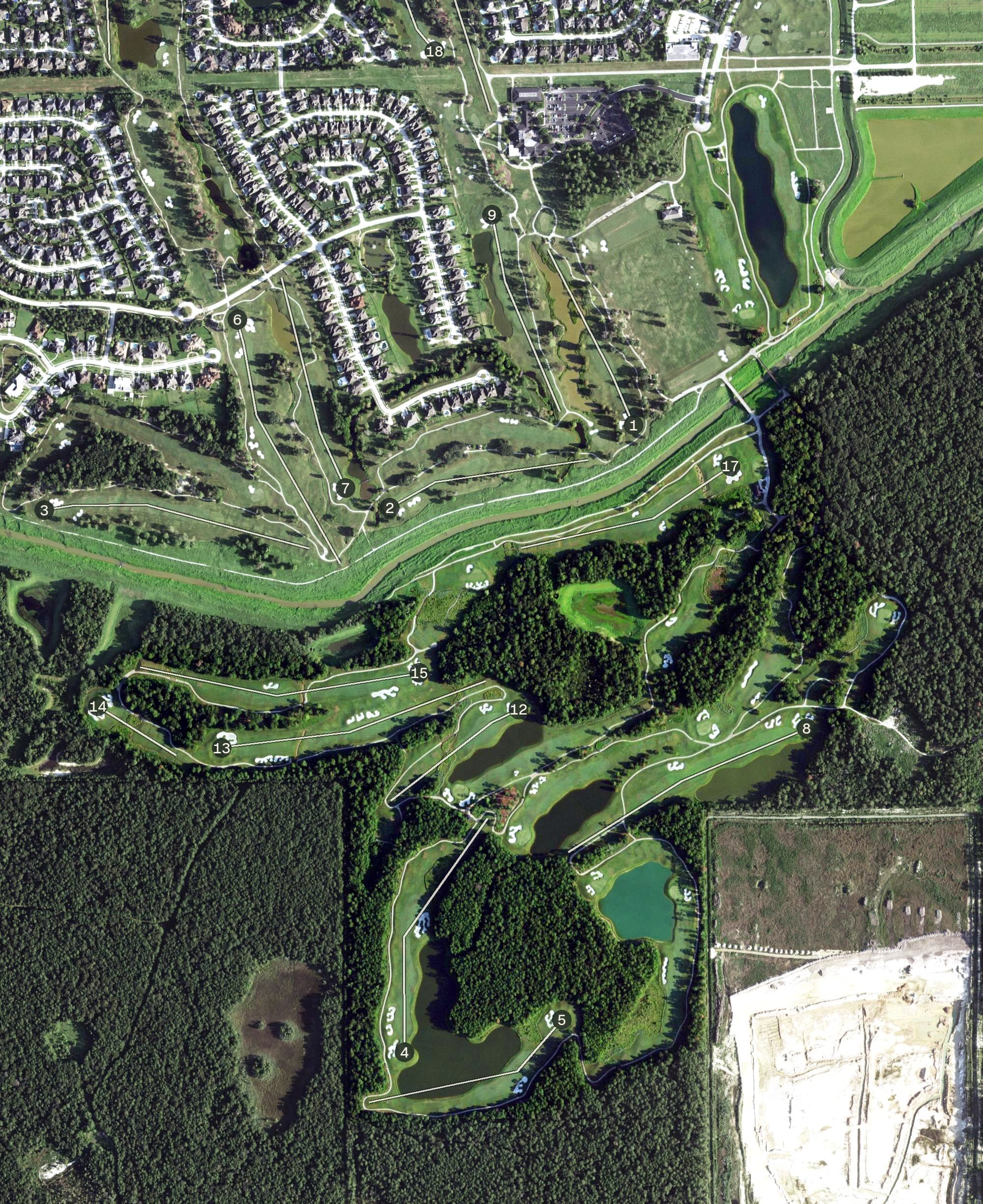 Aerial view of Tournament Course, TX, with its hole routing marked