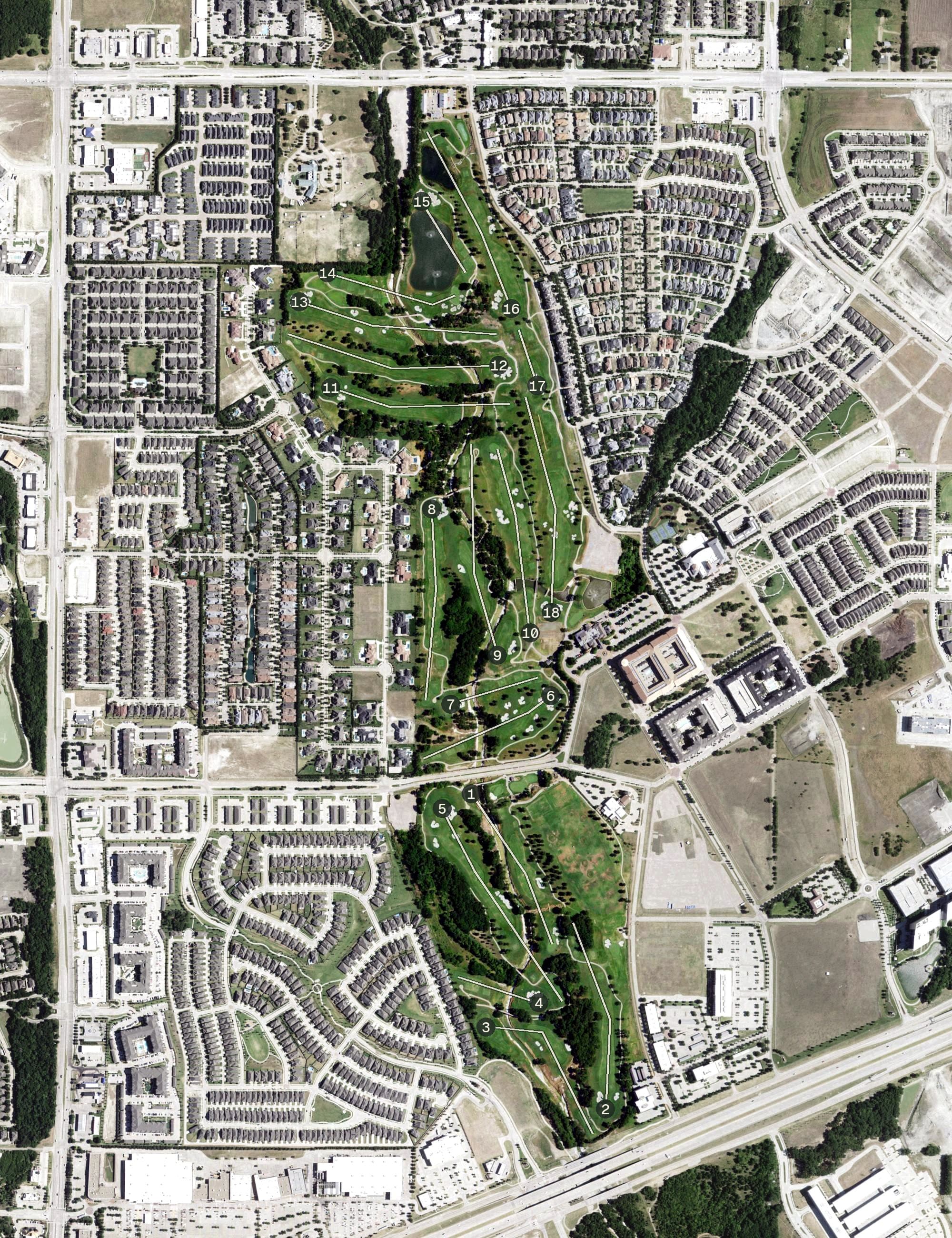 Aerial view of TPC Craig Ranch, TX, with its hole routing marked
