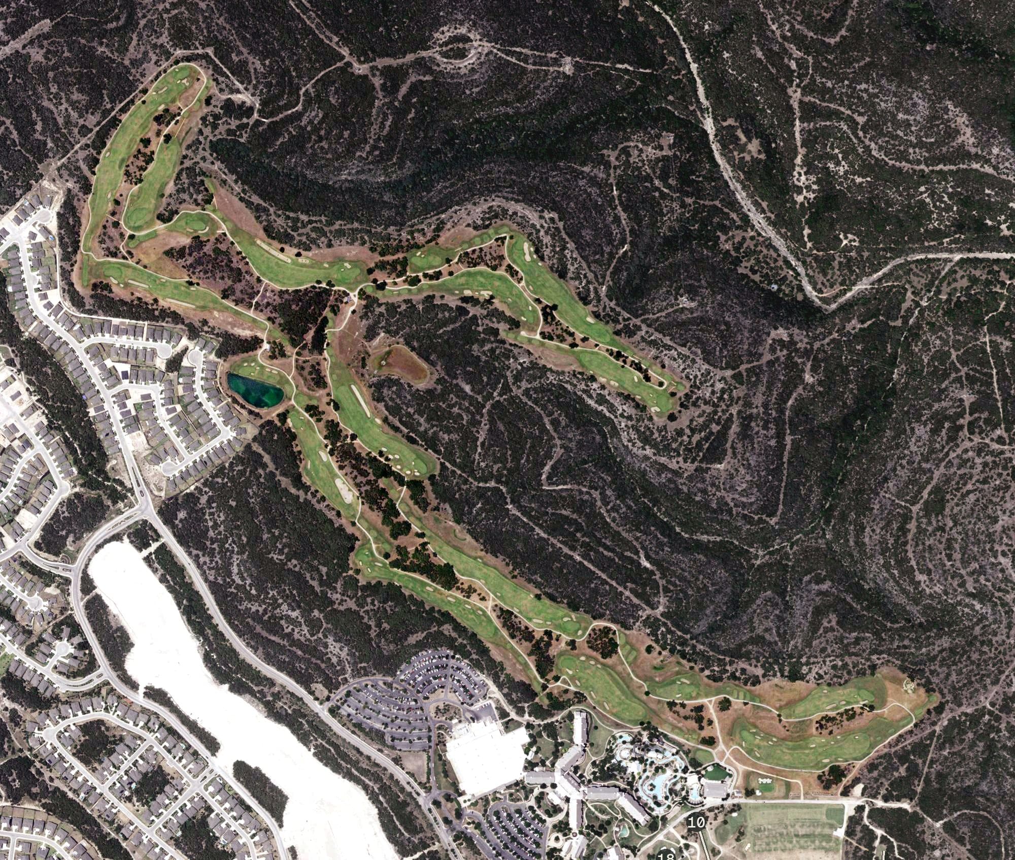 Aerial view of TPC San Antonio AT&T Canyons Course, TX, with its hole routing marked