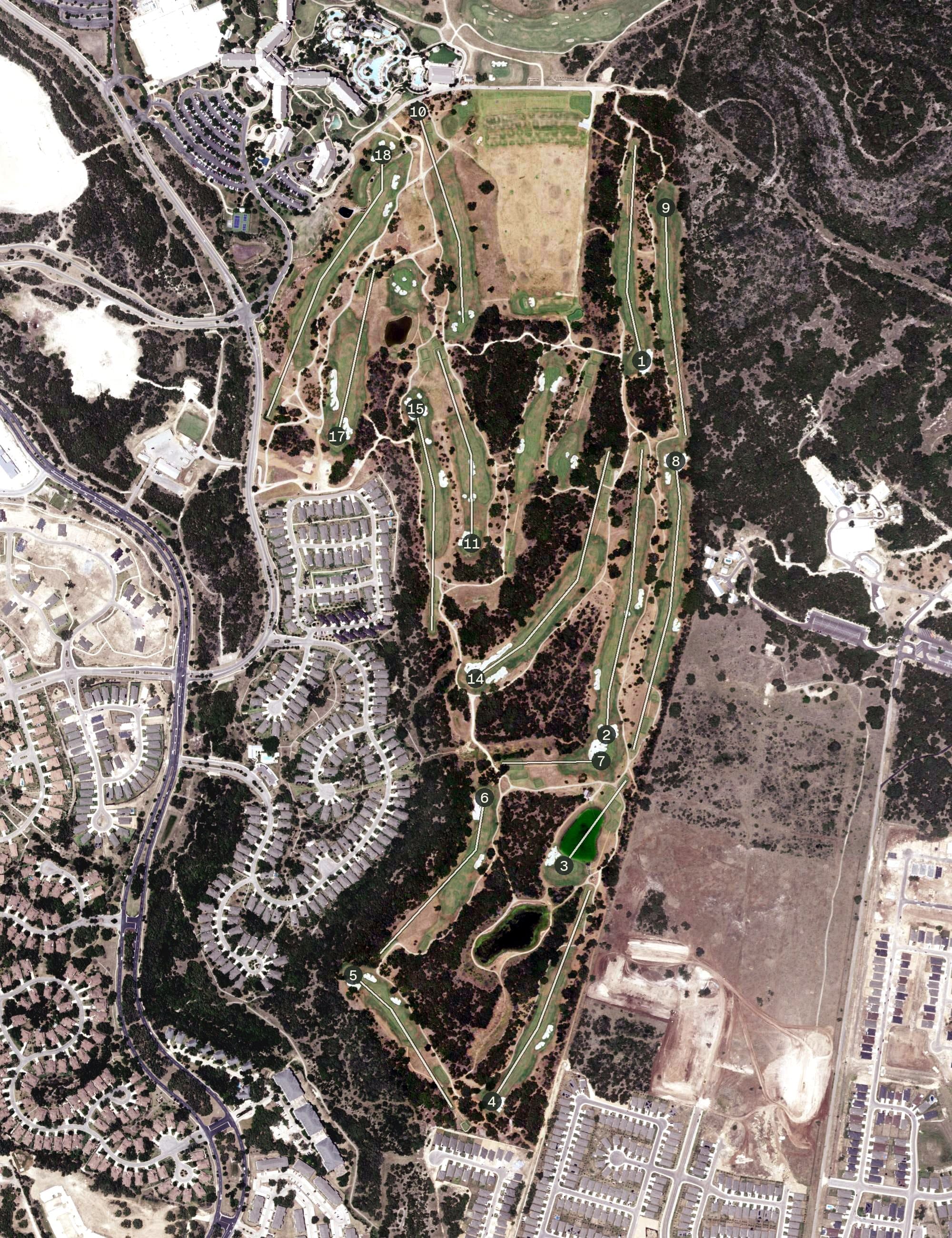 Aerial view of TPC San Antonio Oaks Course, TX, with its hole routing marked