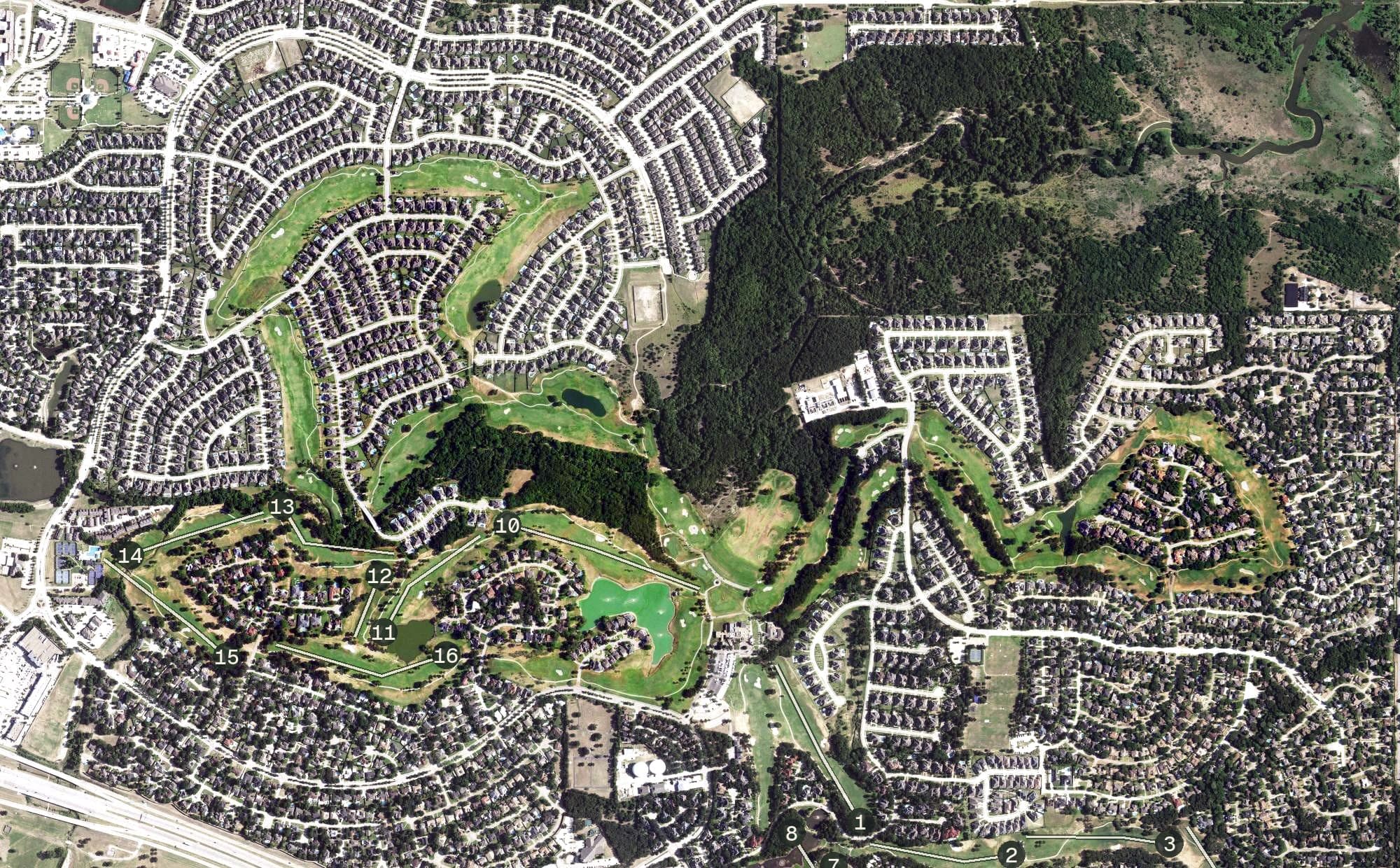 Aerial view of Trophy Club Country Club Golf Course, TX, with its hole routing marked