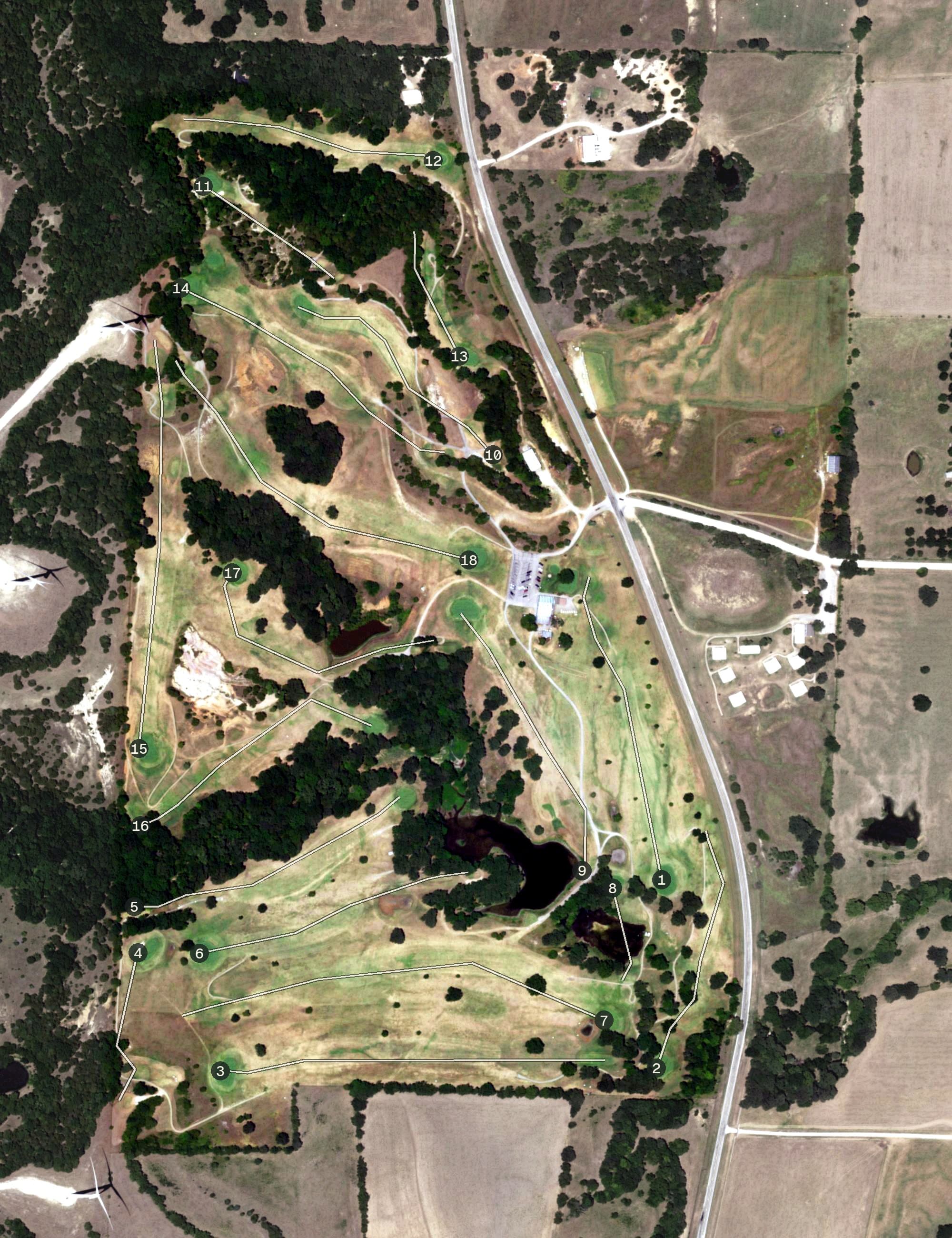 Aerial view of Turtle Hill Golf Course, TX, with its hole routing marked