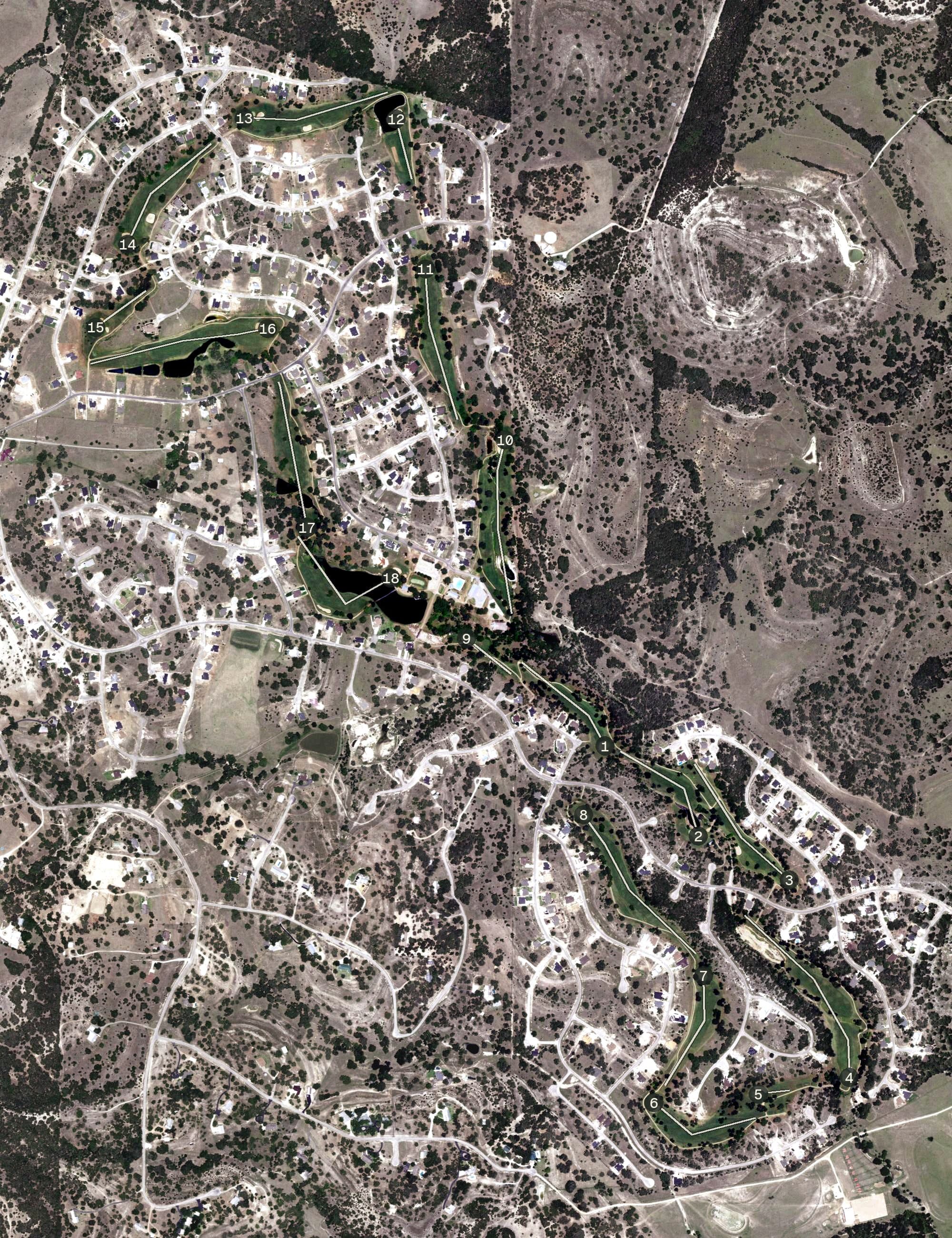 Aerial view of Vaaler Creek Golf Club, TX, with its hole routing marked