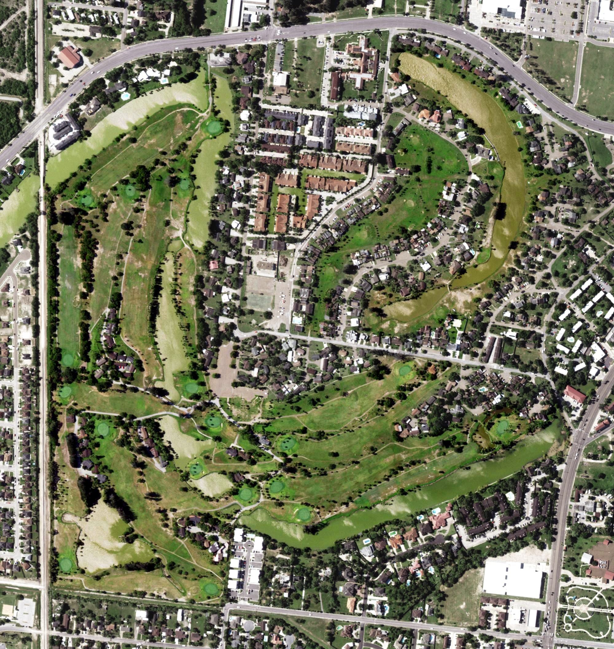Aerial view of Valley International Country Club, TX, with its hole routing marked