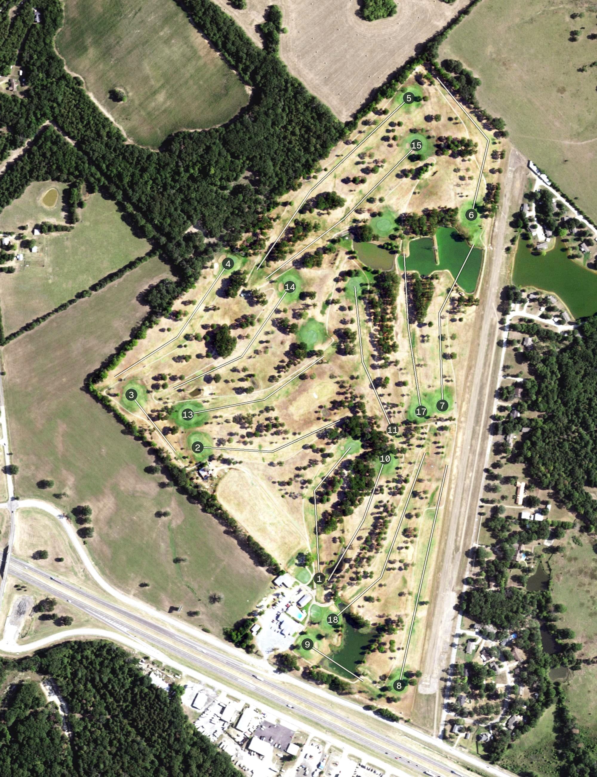 Aerial view of Van Zandt Country Club, TX, with its hole routing marked