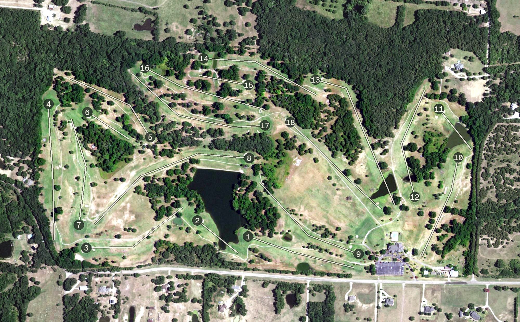 Aerial view of Webb Hill Country Club, TX, with its hole routing marked