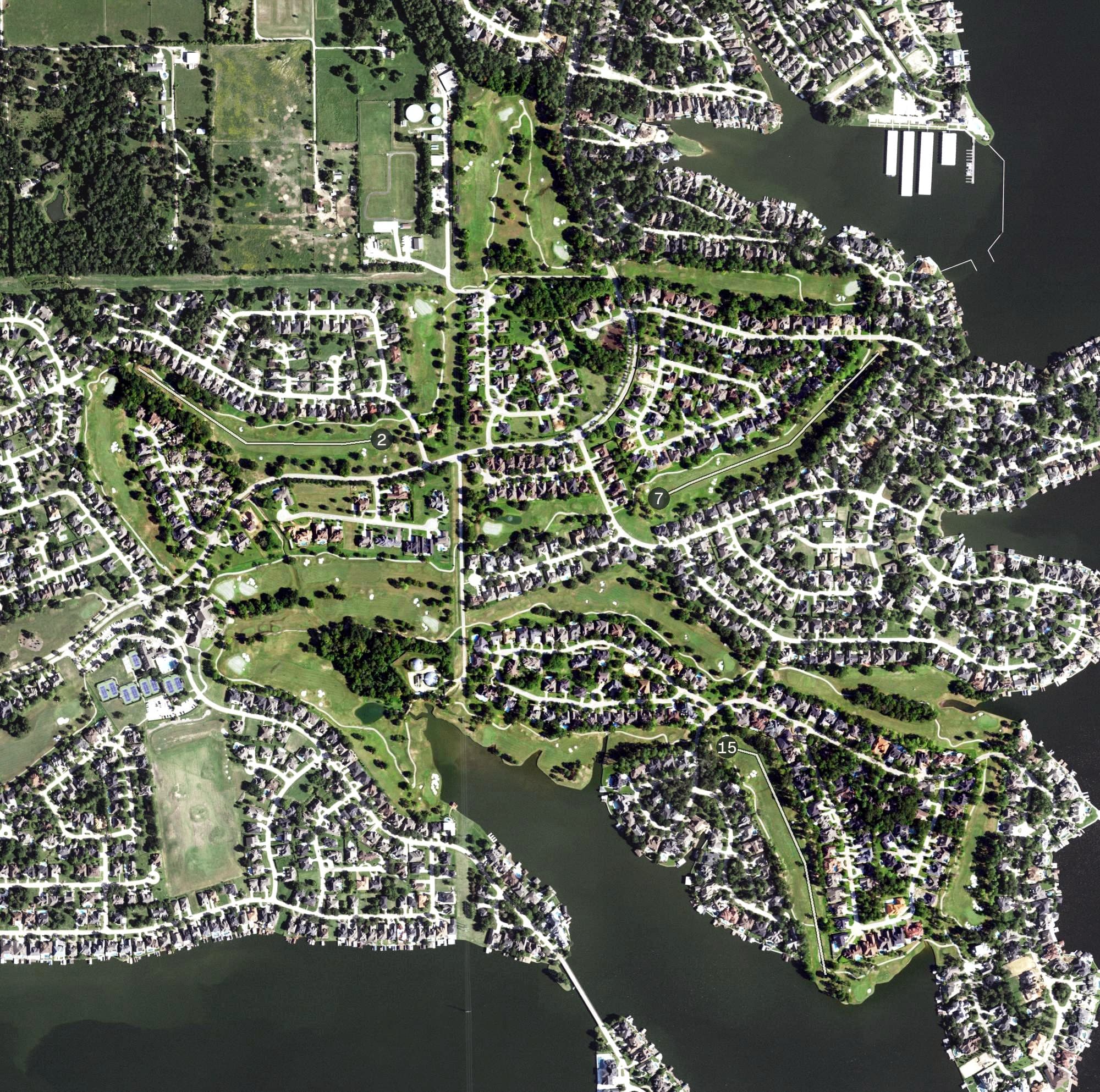 Aerial view of Weiskopf Course, TX, with its hole routing marked
