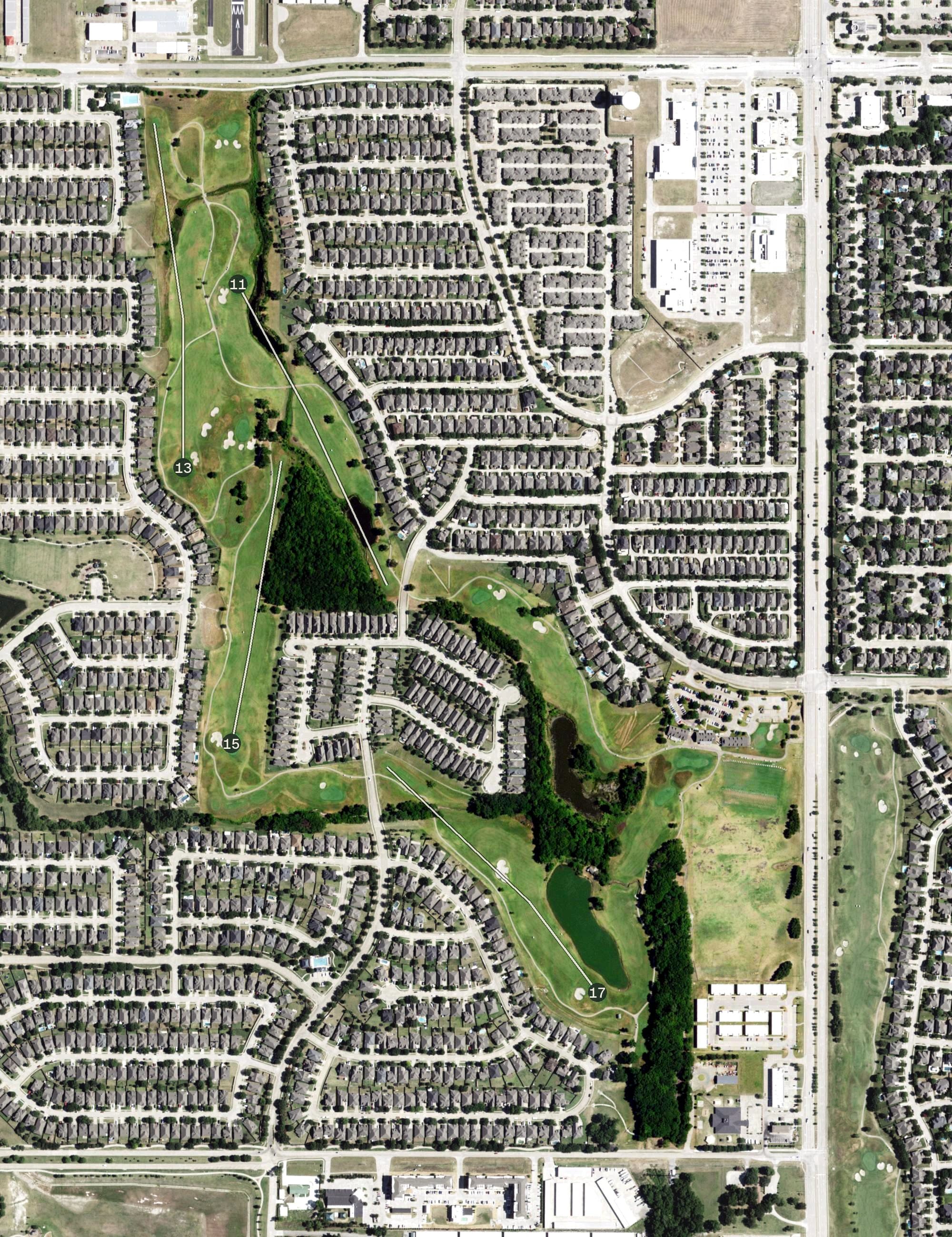 Aerial view of Westridge Golf Course, TX, with its hole routing marked