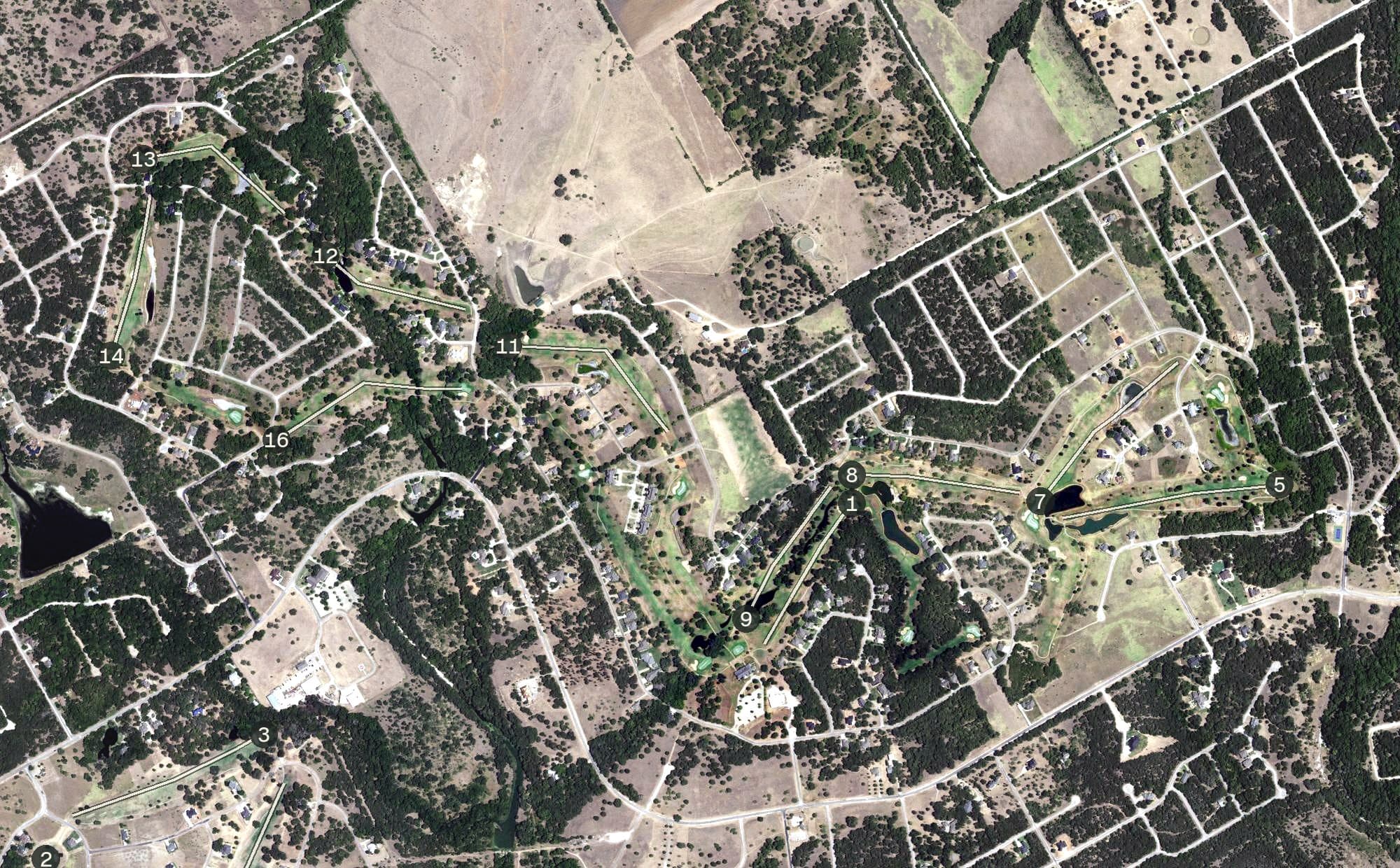 Aerial view of White Bluff New Course, TX, with its hole routing marked