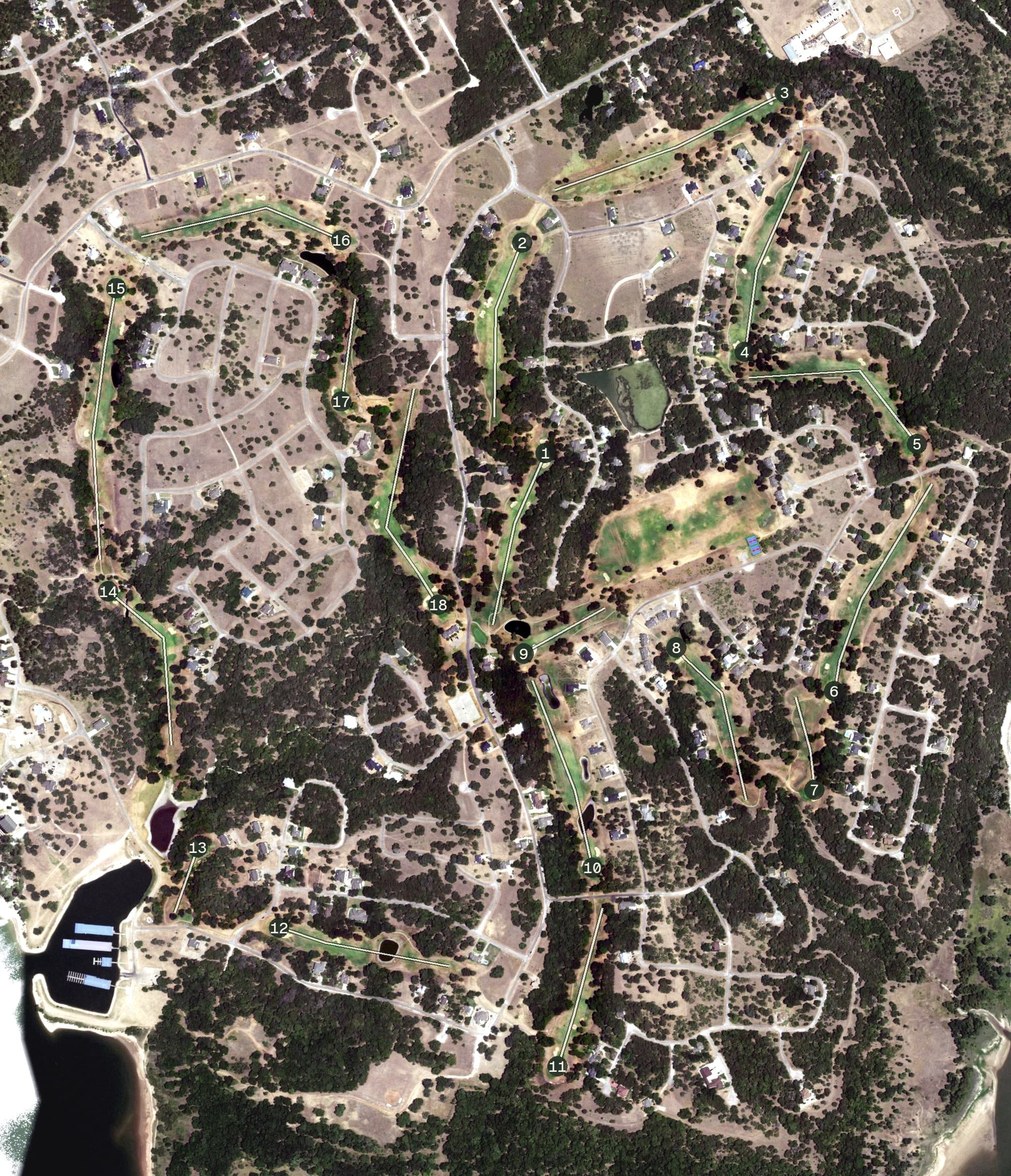 Aerial view of White Bluff Old Course, TX, with its hole routing marked