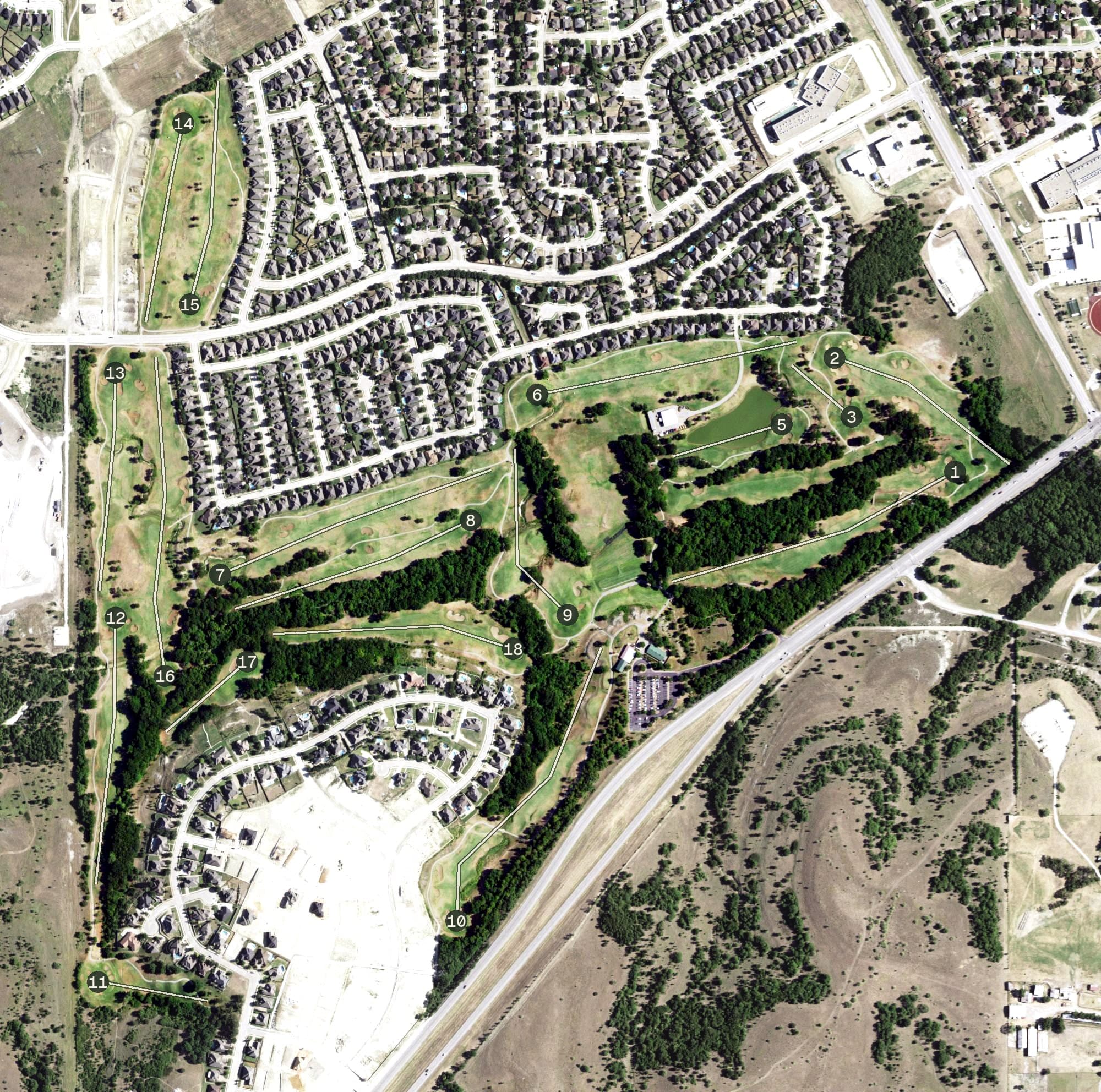 Aerial view of White Stone Golf Course, TX, with its hole routing marked