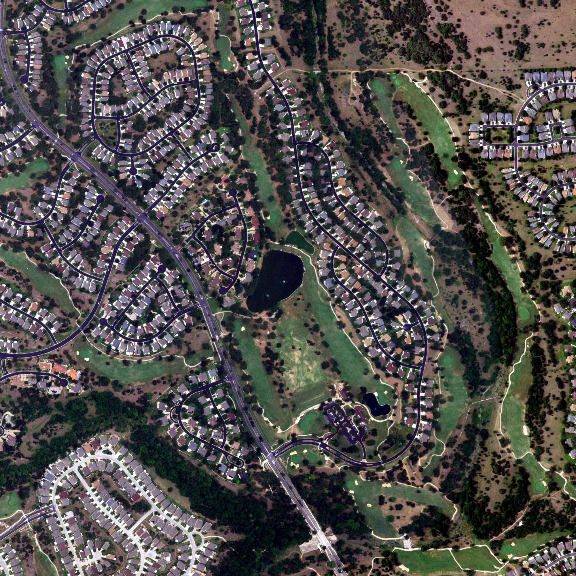Aerial view of White Wing Golf Club, TX, with its hole routing marked