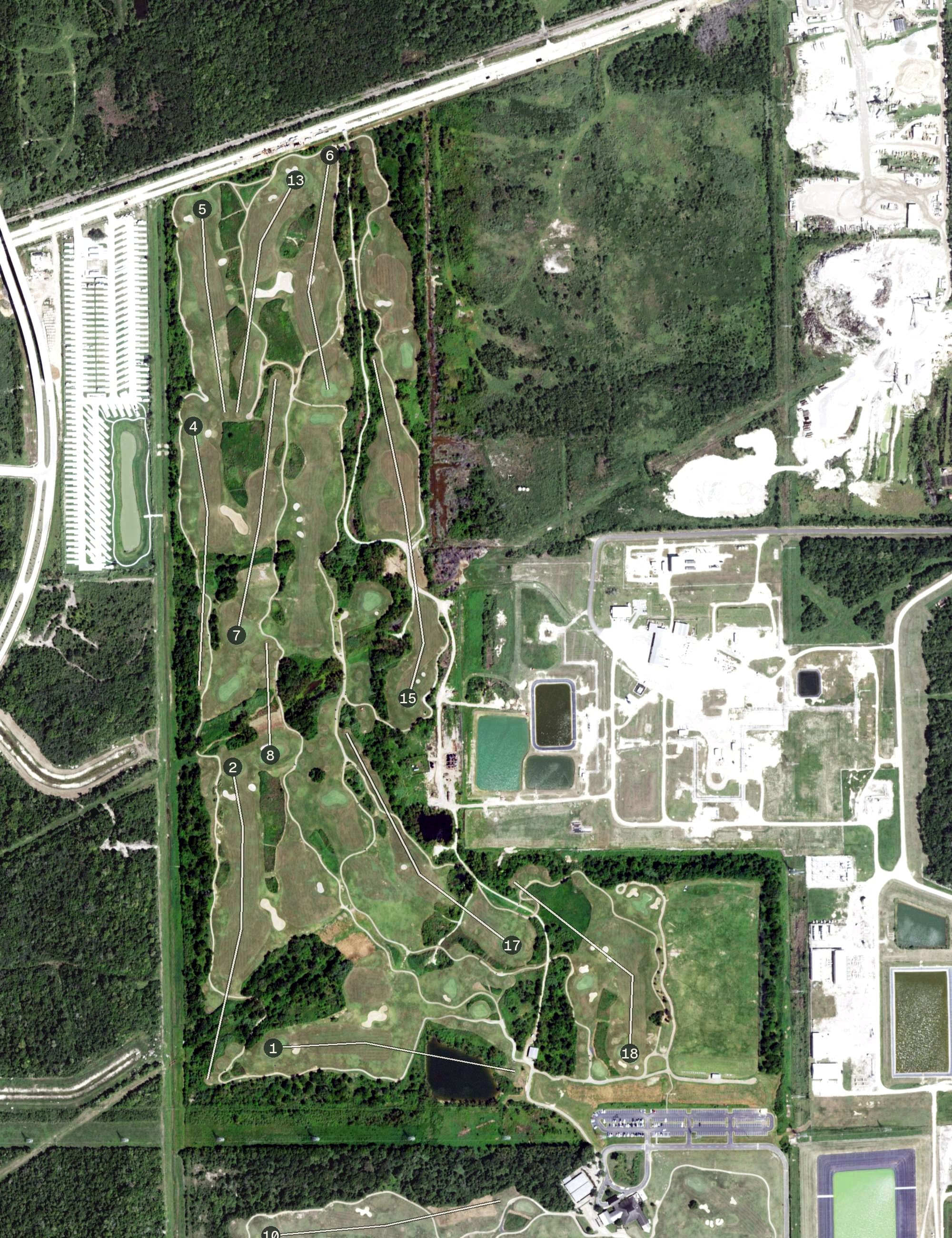 Aerial view of Wildcat Golf Club - Highlands Course, TX, with its hole routing marked