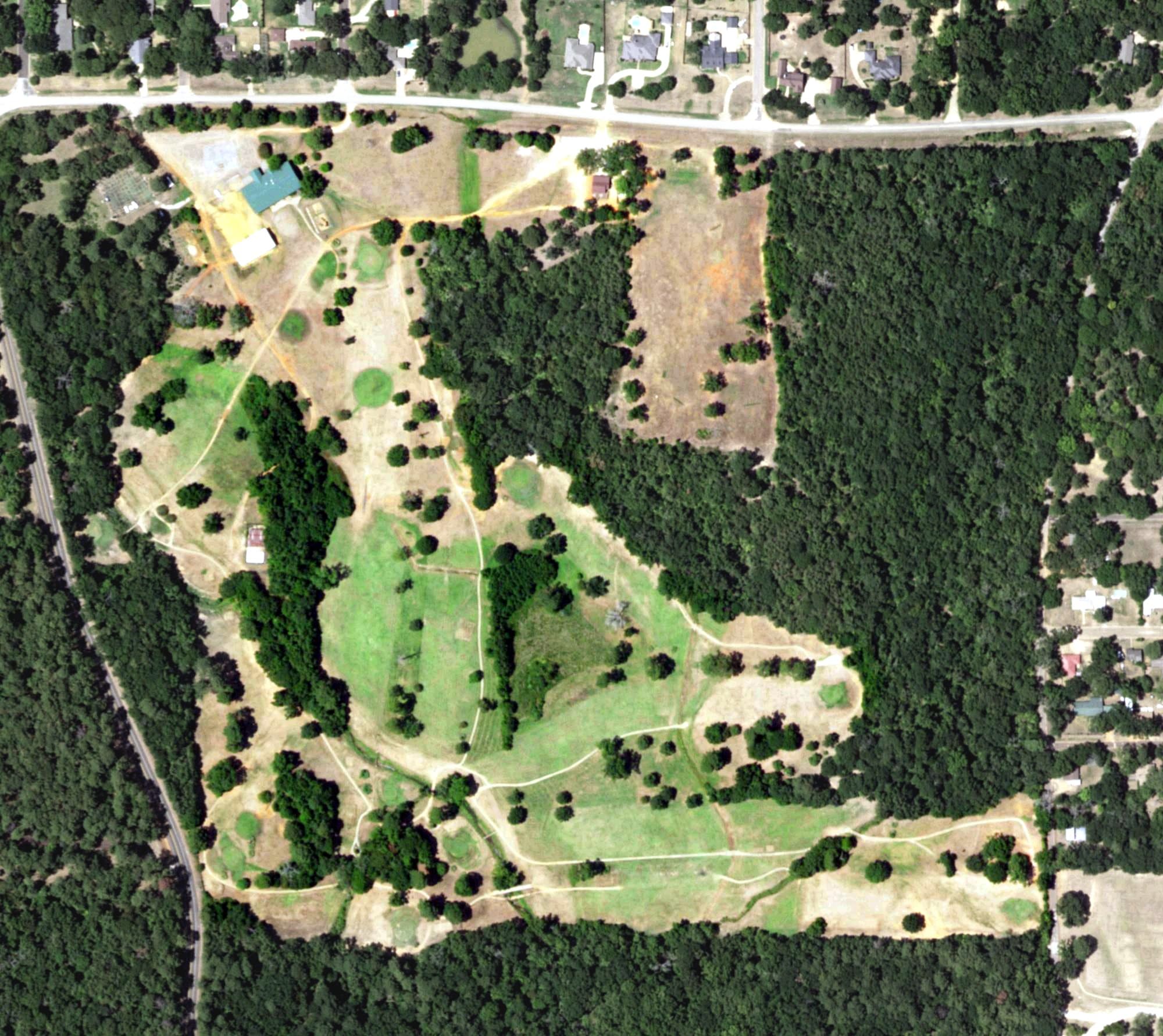 Aerial view of Wildcat Golf Course, TX, with its hole routing marked