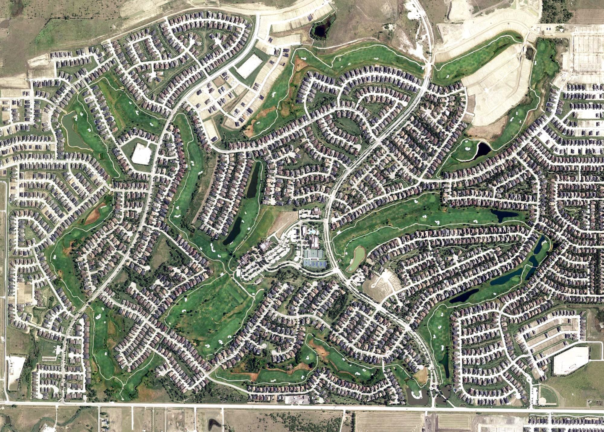 Aerial view of Wildhorse Golf Course, TX, with its hole routing marked