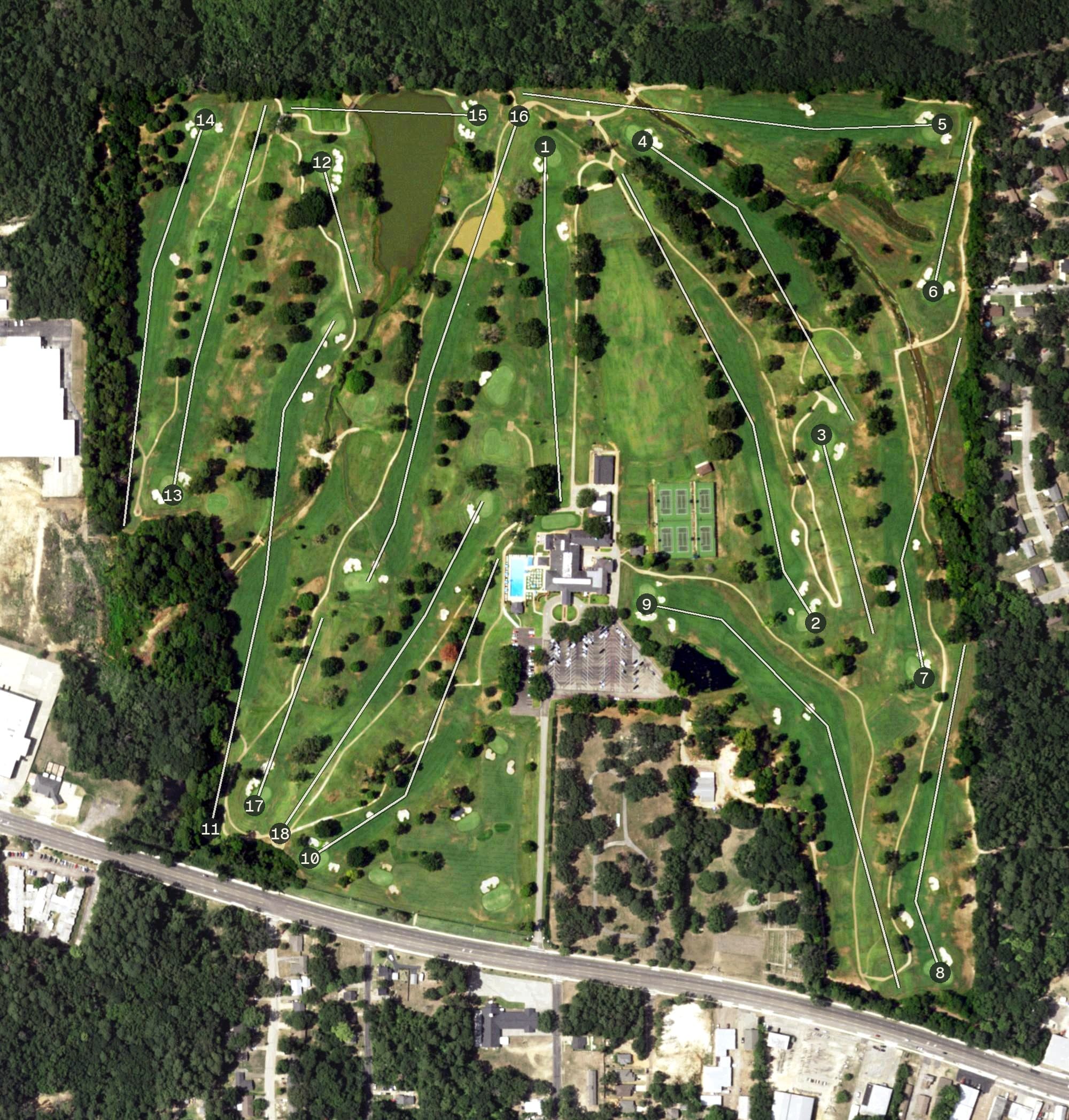 Aerial view of Willow Brook Country Club, TX, with its hole routing marked