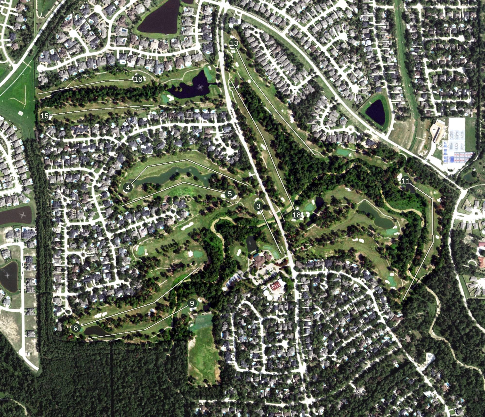Aerial view of Willow Creek Golf Club, TX, with its hole routing marked