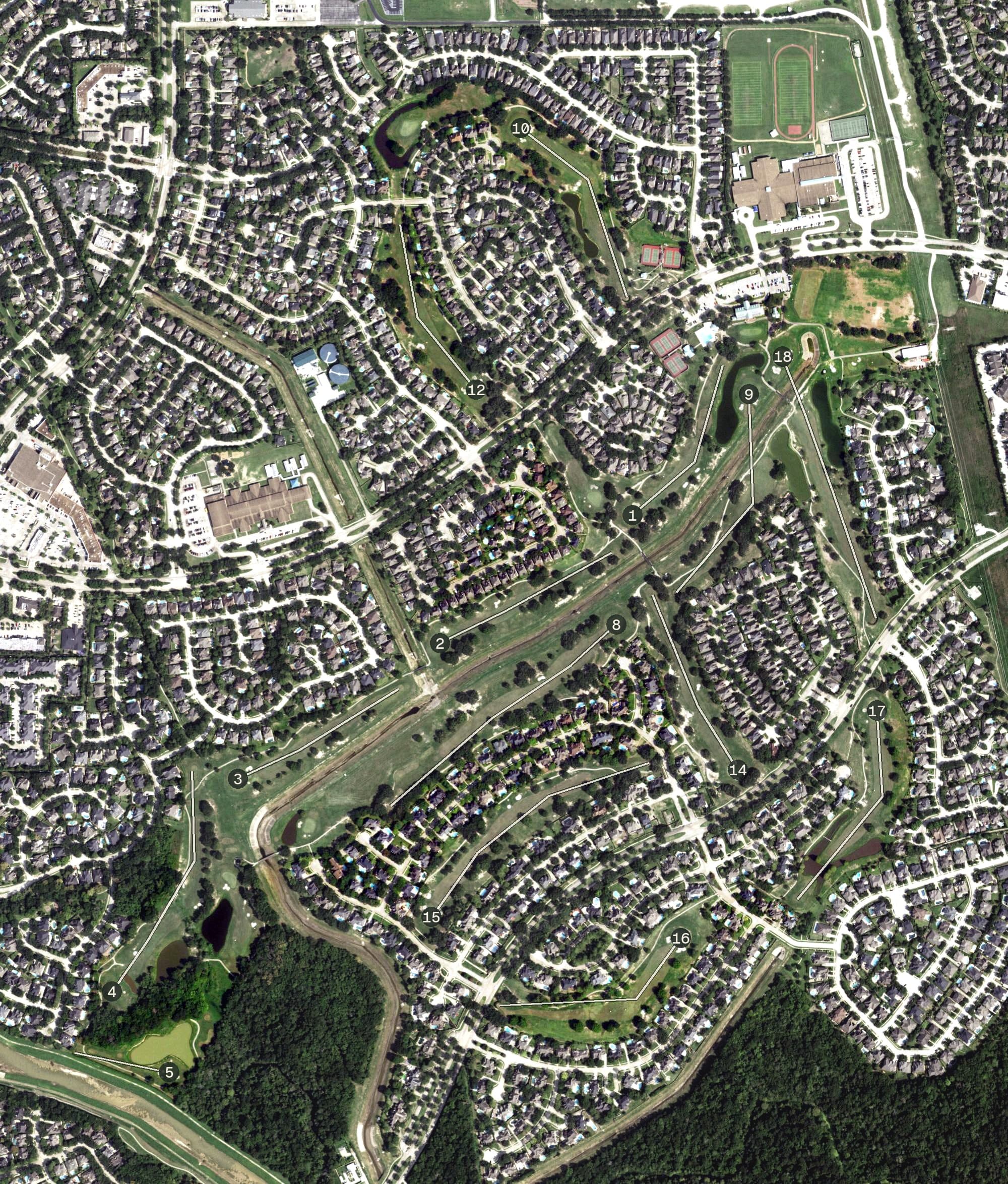 Aerial view of Willow Fork Country Club, TX, with its hole routing marked