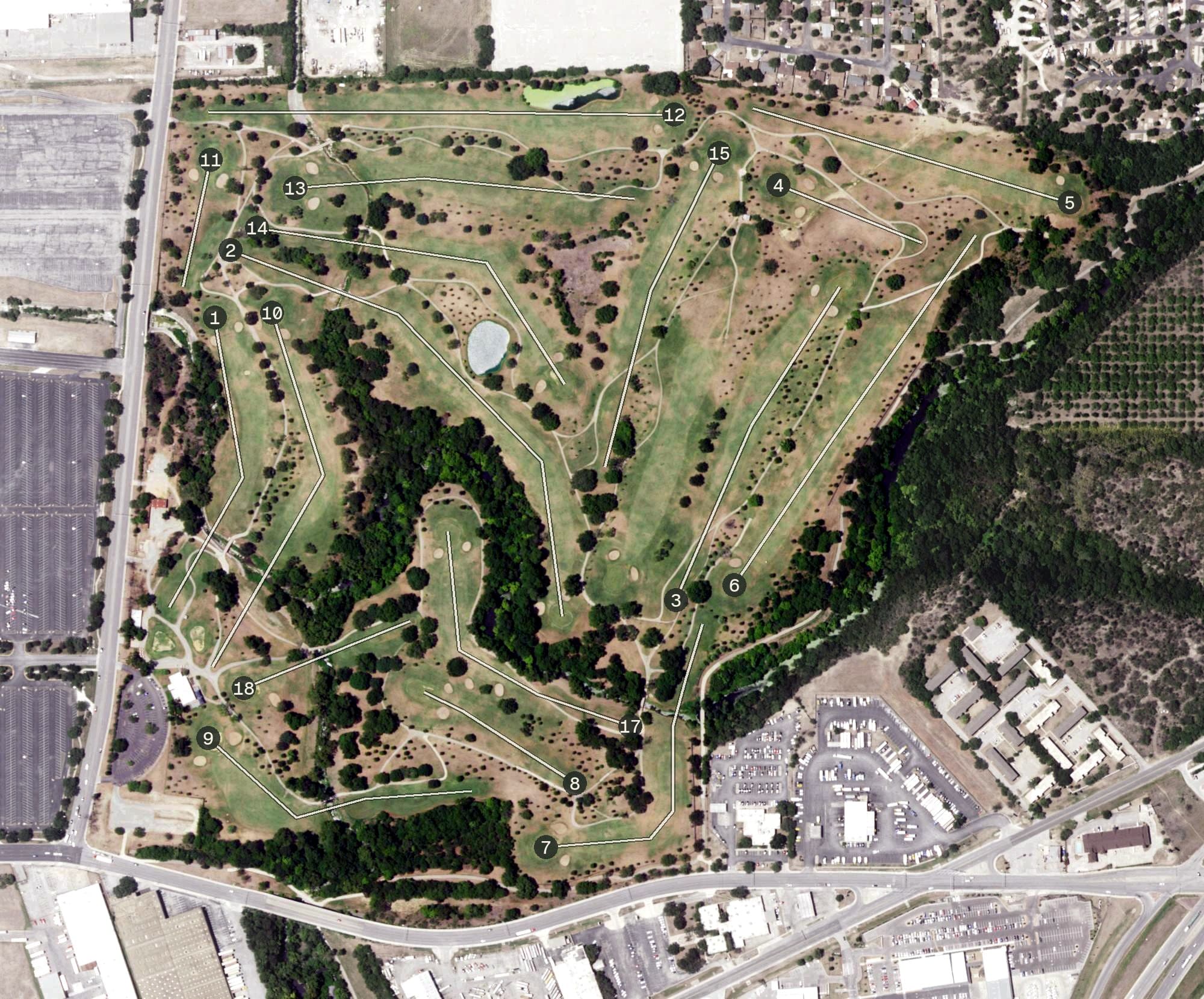 Aerial view of Willow Springs Golf Course, TX, with its hole routing marked
