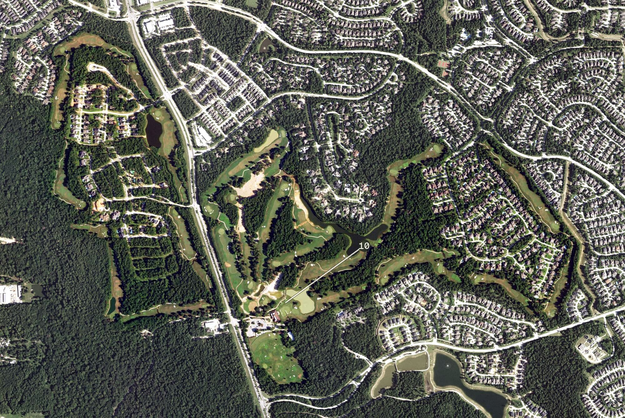 Aerial view of Woodforest Golf Club, TX, with its hole routing marked