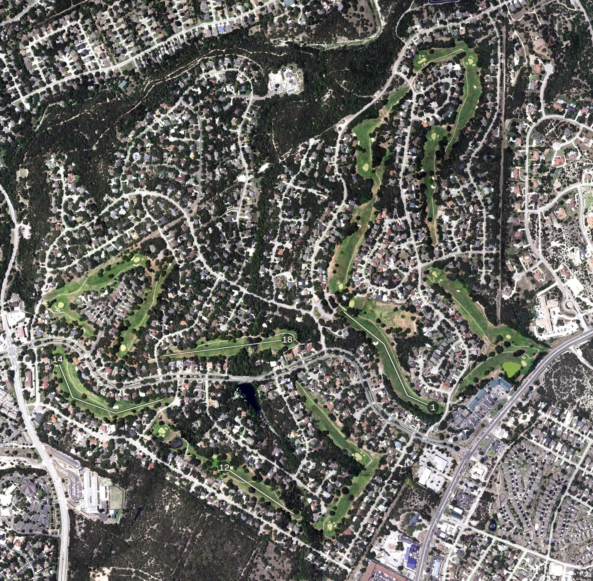 Aerial view of Yaupon Golf Course, TX, with its hole routing marked