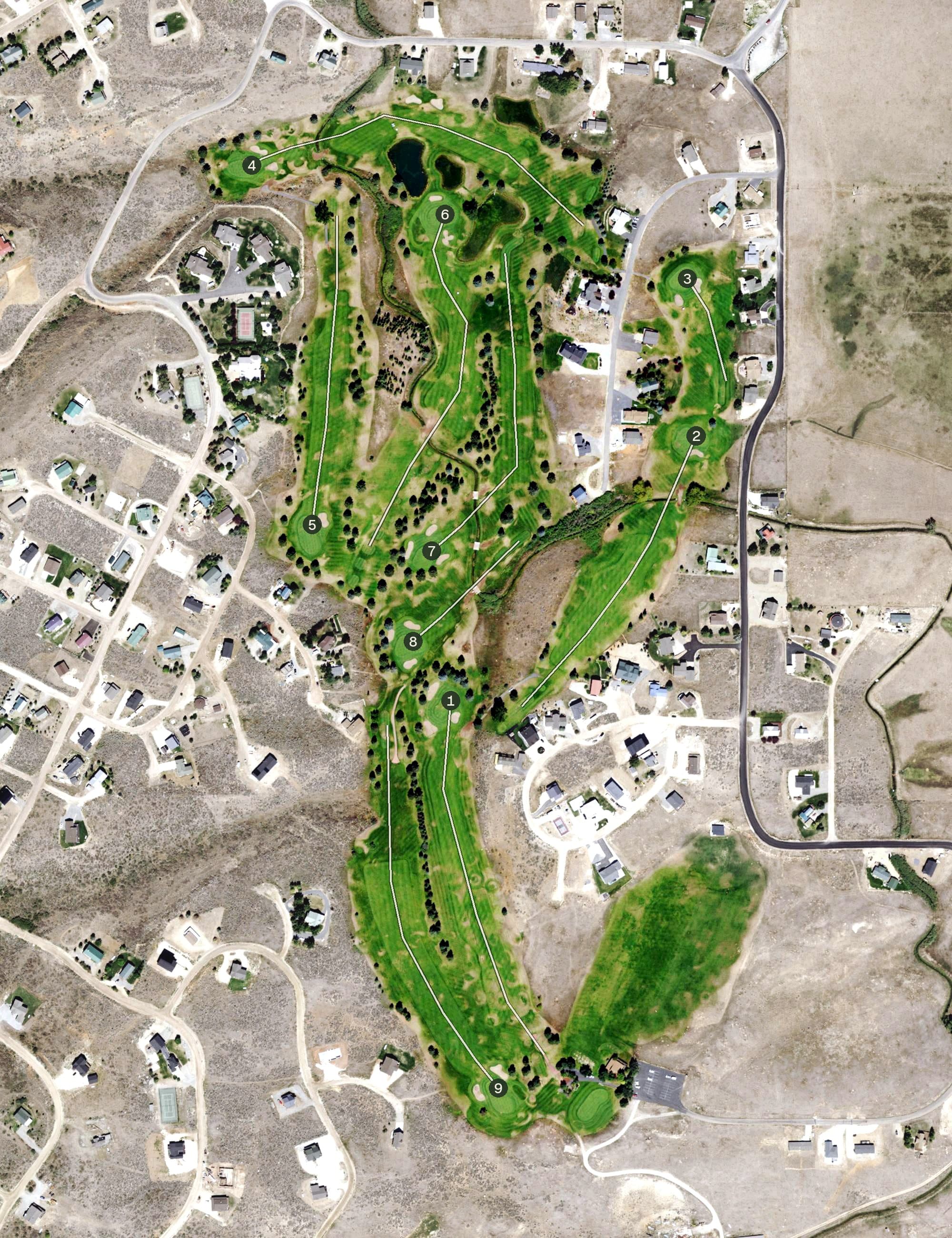 Aerial view of Bear Lake Golf Course, UT, with its hole routing marked