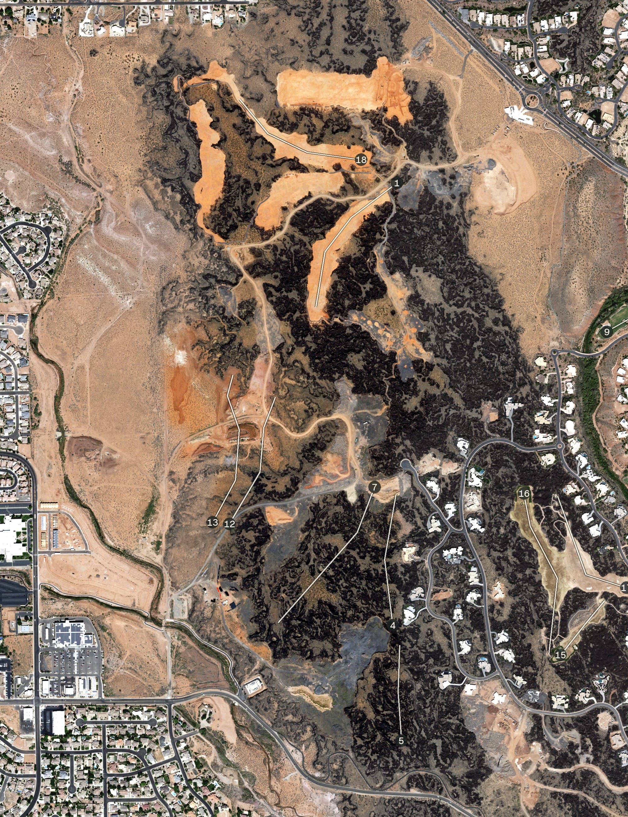Aerial view of Black Desert Golf Course, UT, with its hole routing marked