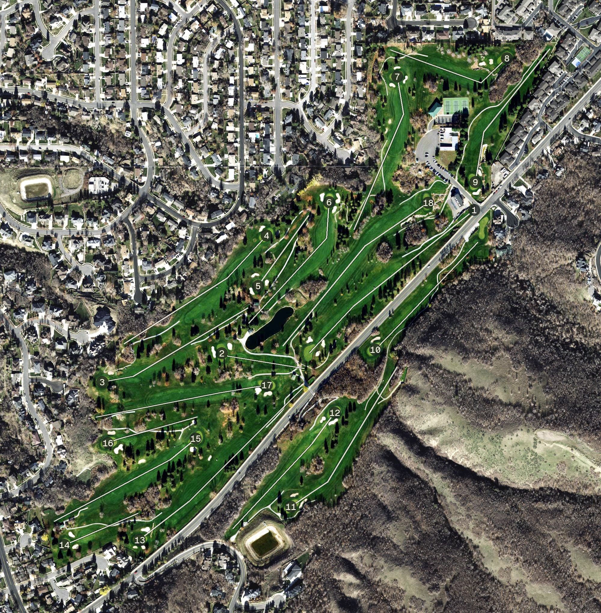 Aerial view of Bountiful Ridge Golf Course, UT, with its hole routing marked