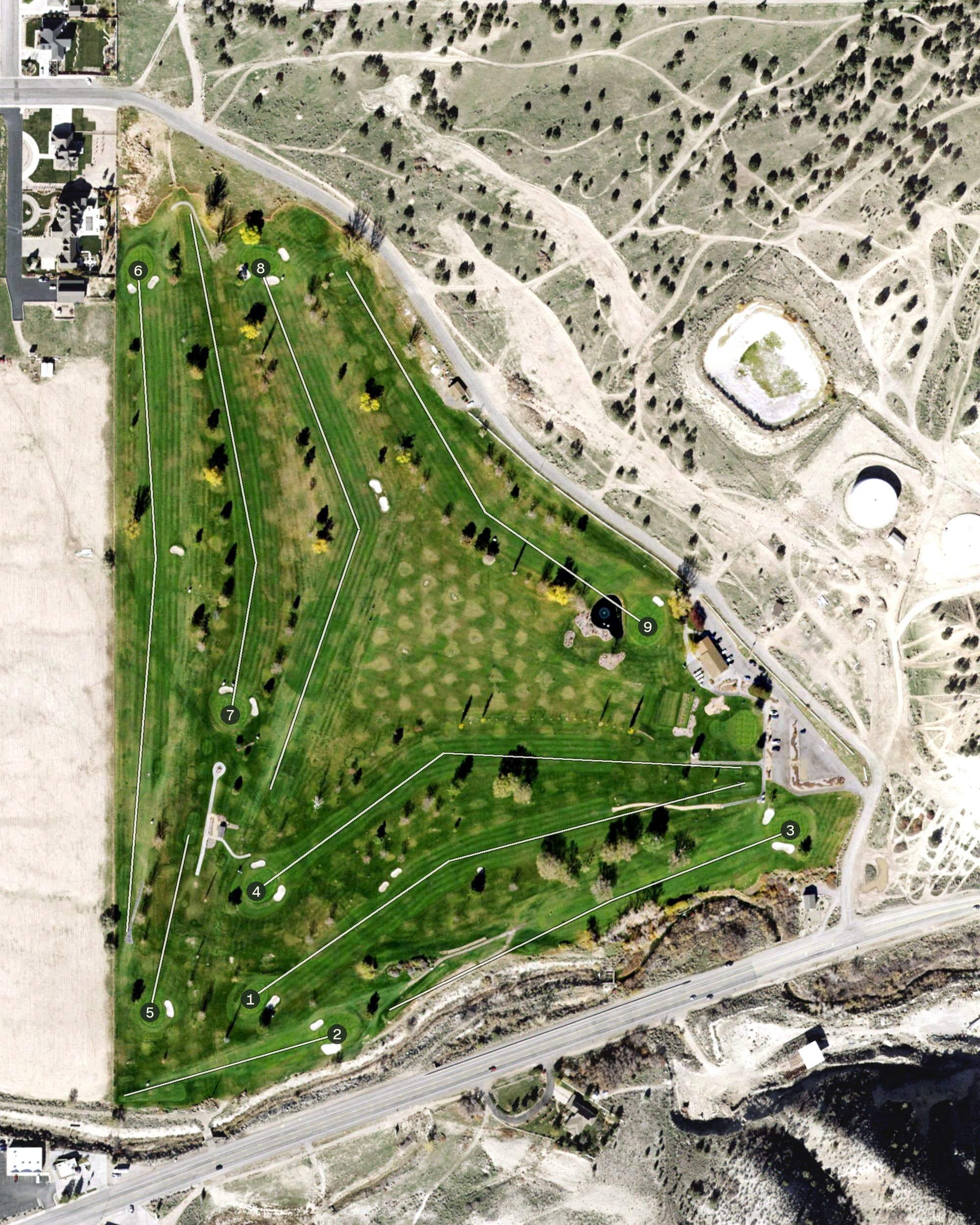 Aerial view of Canyon Hills Golf Course, UT, with its hole routing marked