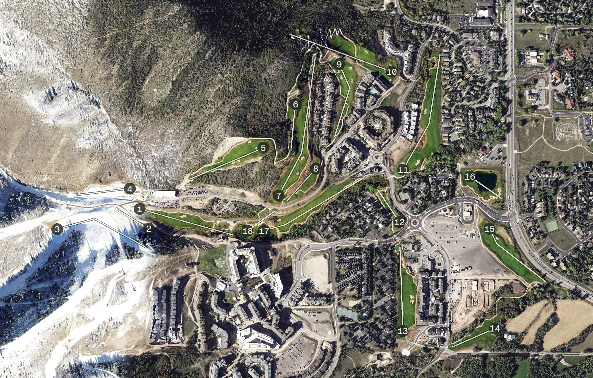 Aerial view of Canyons Golf Course, UT, with its hole routing marked