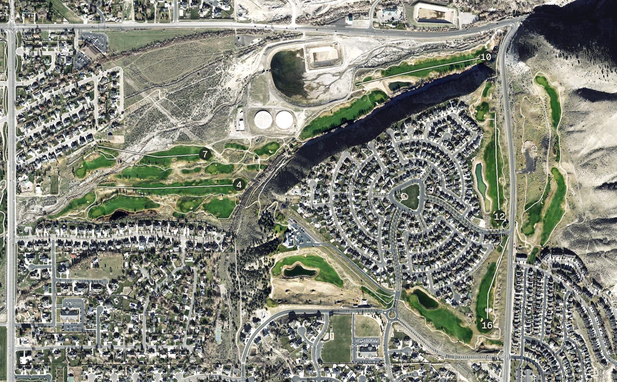 Aerial view of Cedar Hills Golf Club, UT, with its hole routing marked