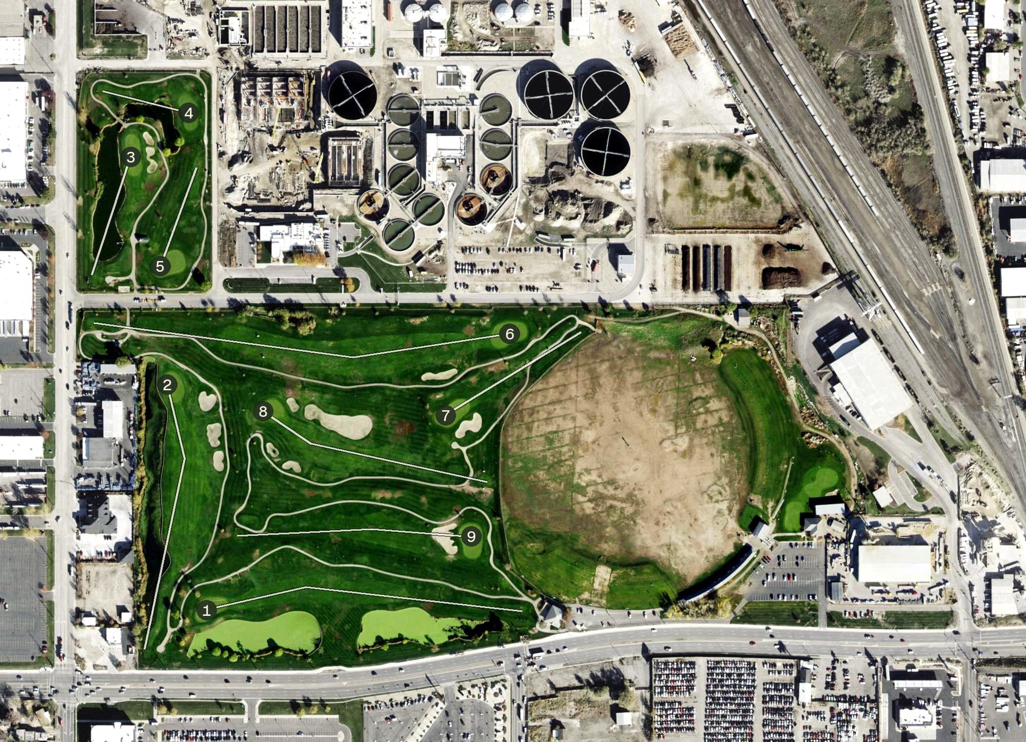 Aerial view of Central Valley Golf Course, UT, with its hole routing marked